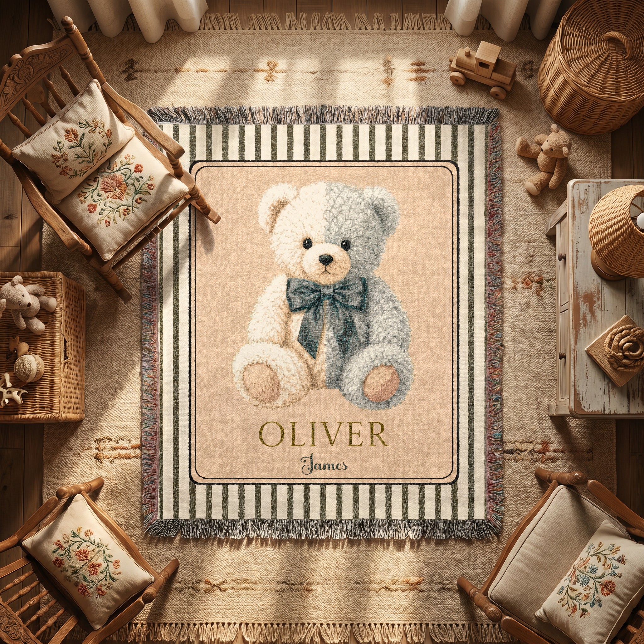 Personalized Teddy Bear Baby Boy Woven Blanket