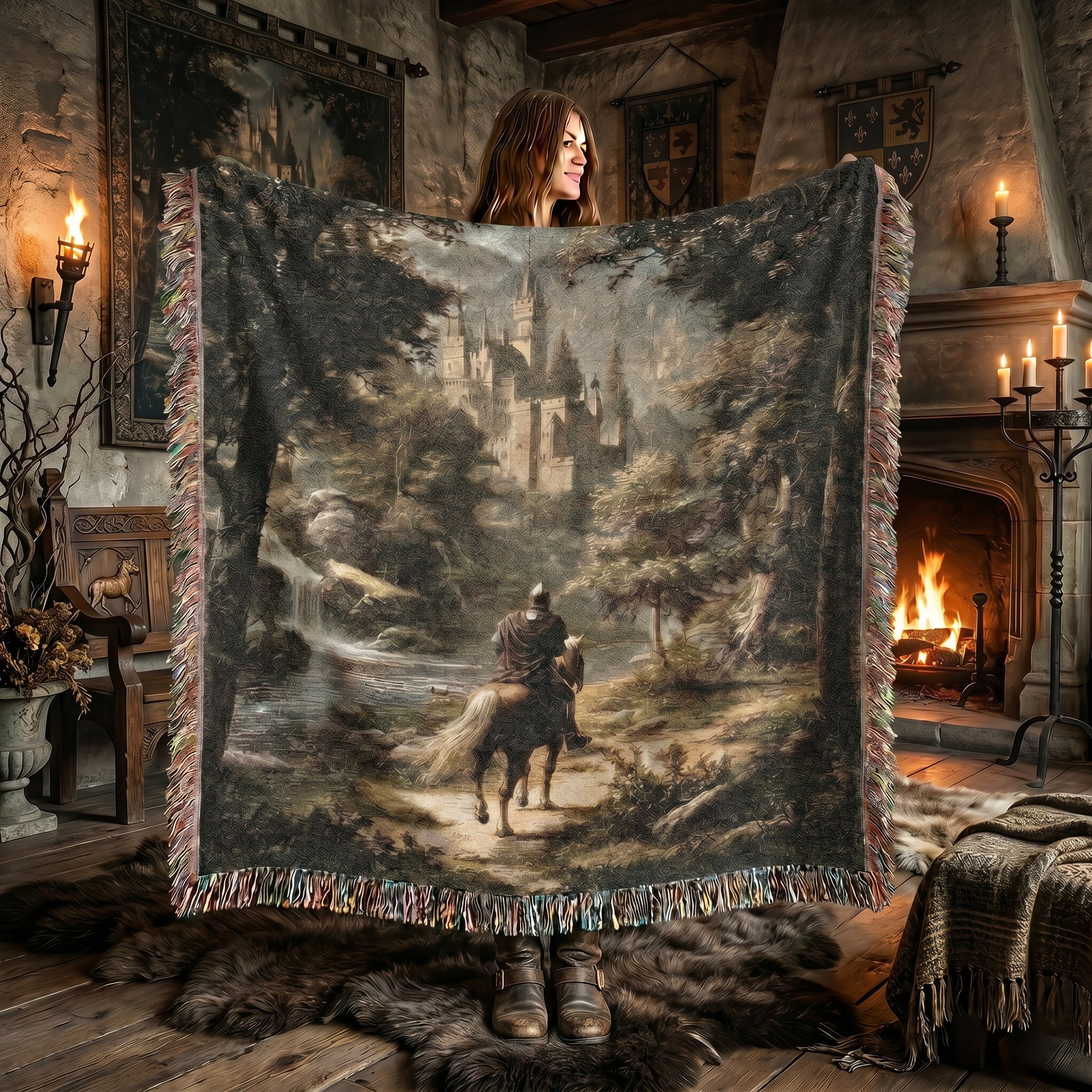 Medieval Forest Rider Woven Blanket