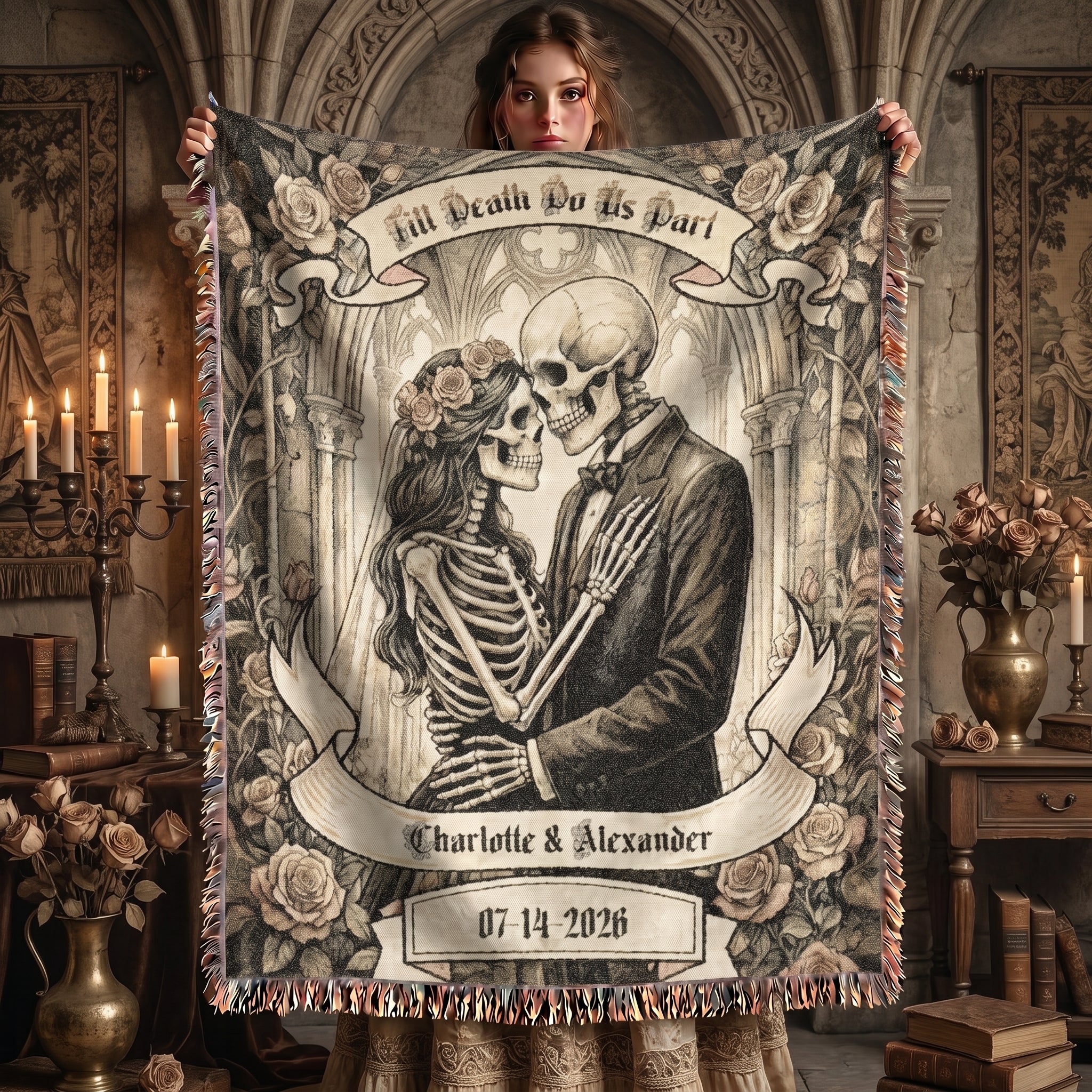 Personalized Skeleton Couple Wedding Woven Blanket