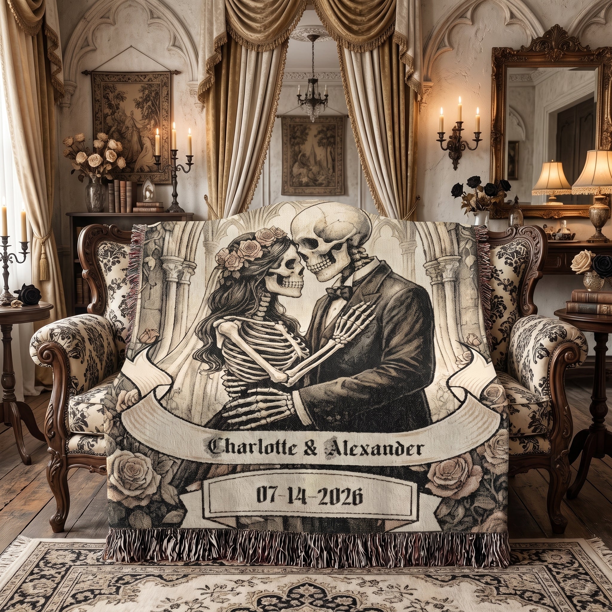 Personalized Skeleton Couple Wedding Woven Blanket