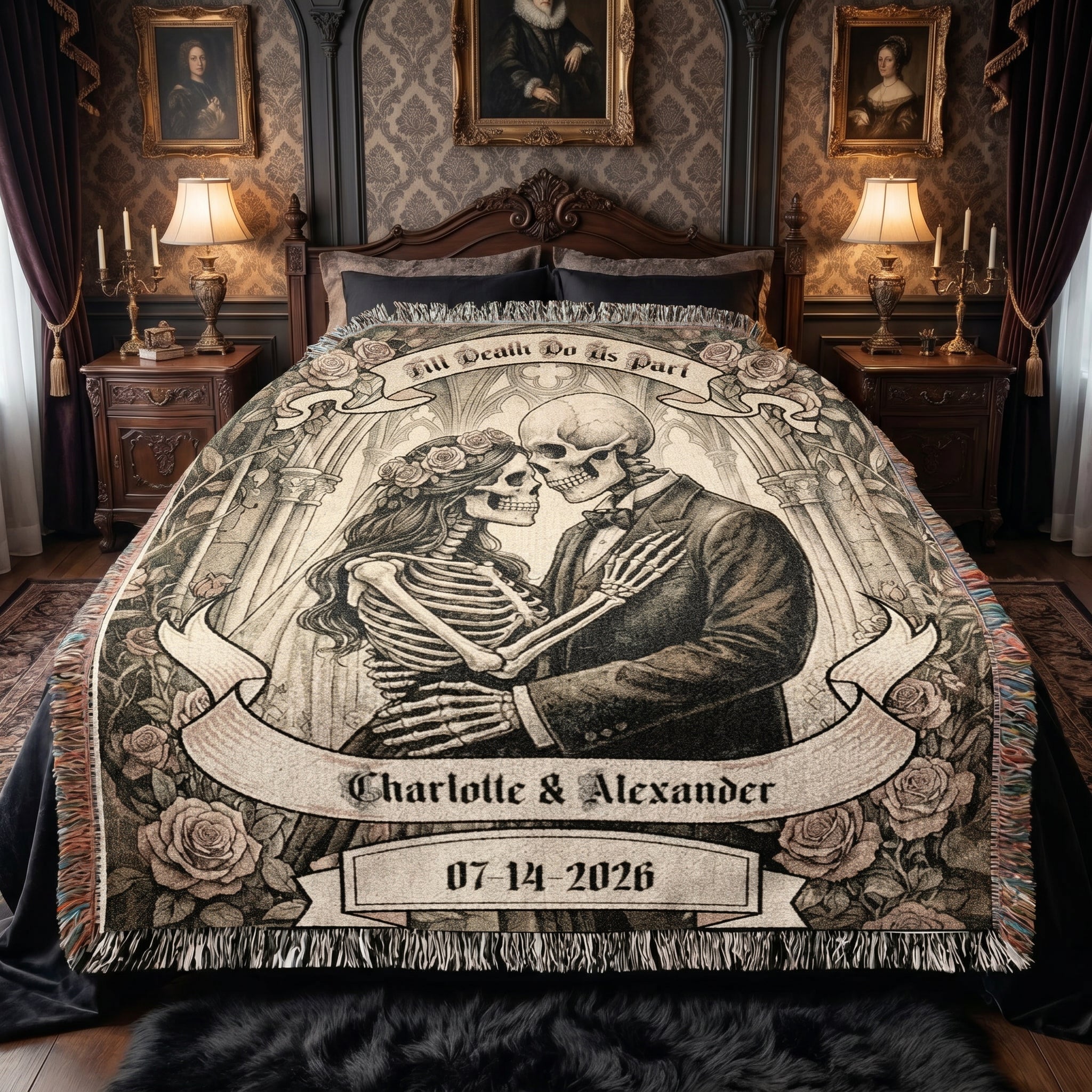 Personalized Skeleton Couple Wedding Woven Blanket