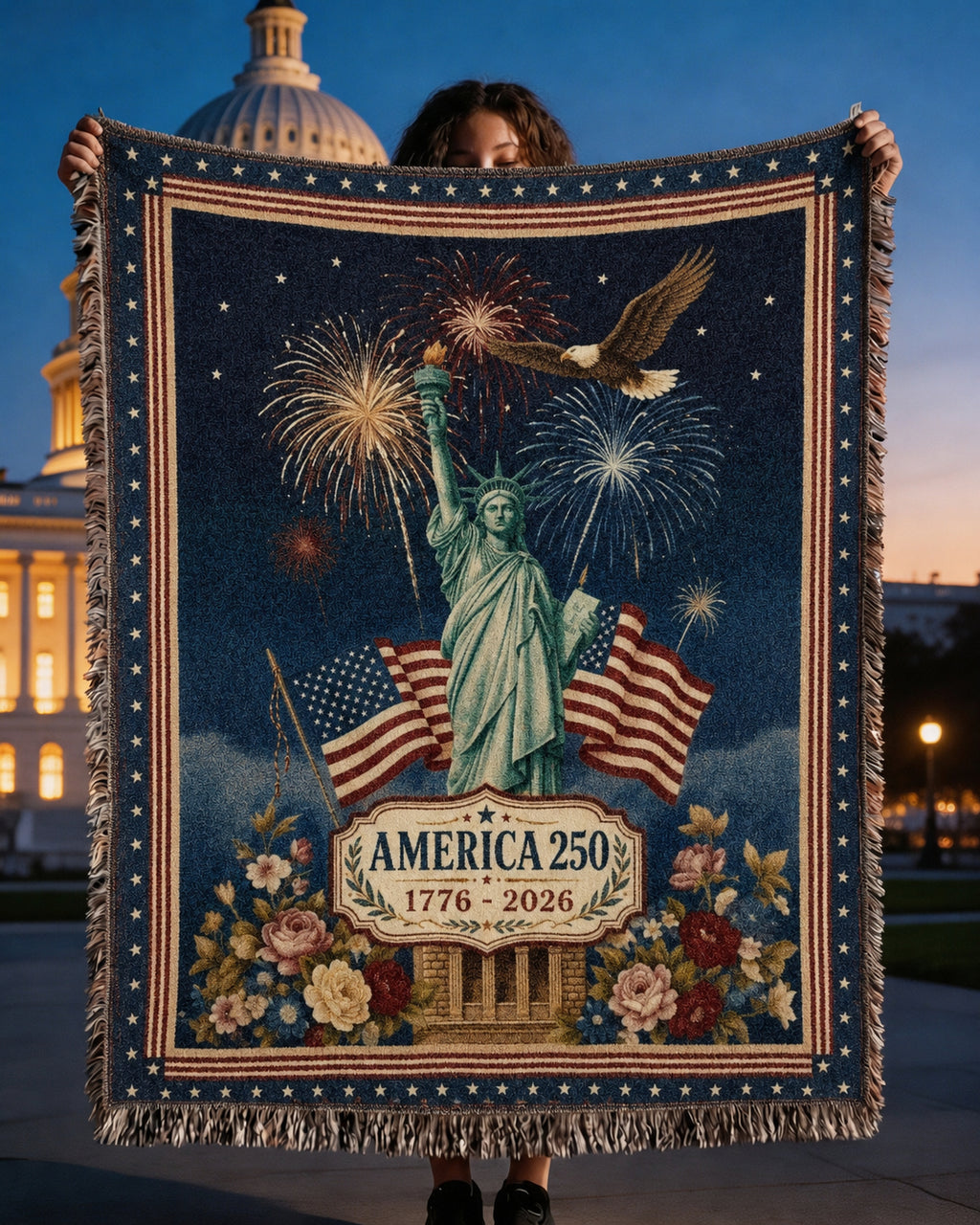 America 250th Anniversary Woven Blanket – Patriotic Statue of Liberty Throw