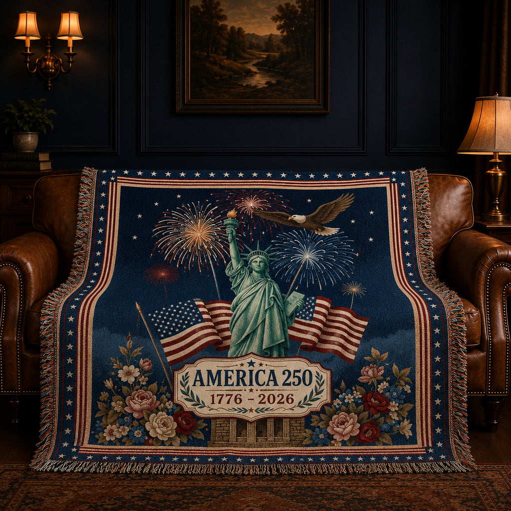 America 250th Anniversary Woven Blanket – Patriotic Statue of Liberty Throw