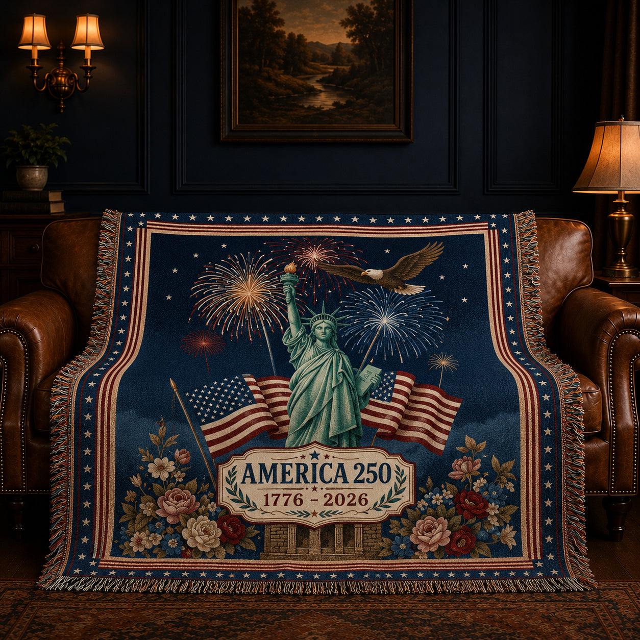 America 250th Anniversary Woven Blanket – Patriotic Statue of Liberty Throw