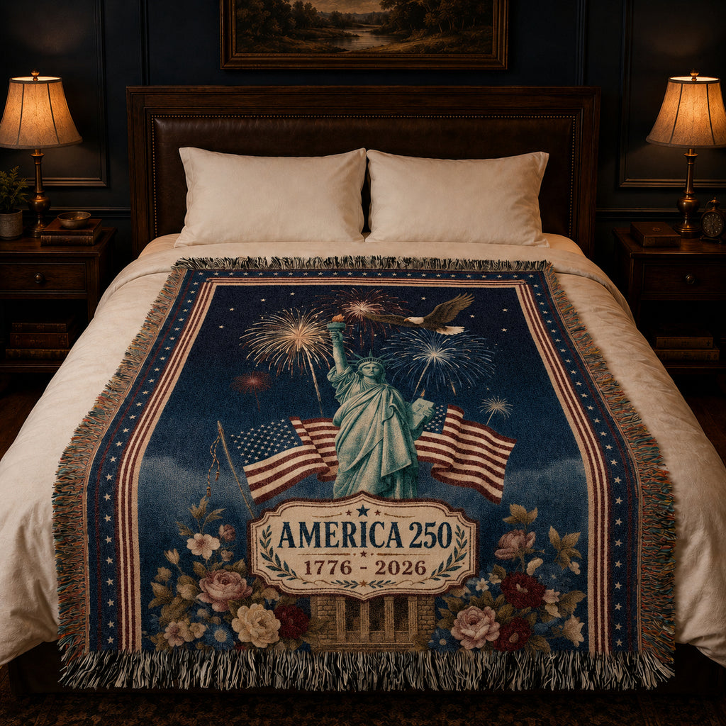 America 250th Anniversary Woven Blanket – Patriotic Statue of Liberty Throw