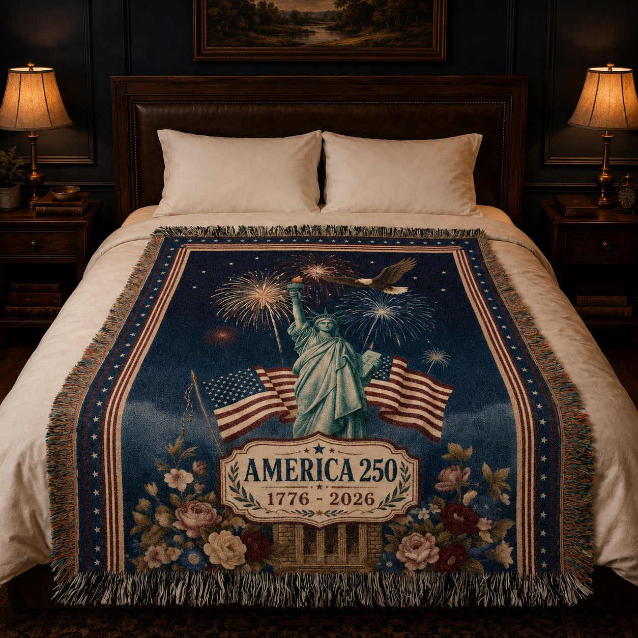 America 250th Anniversary Woven Blanket – Patriotic Statue of Liberty Throw