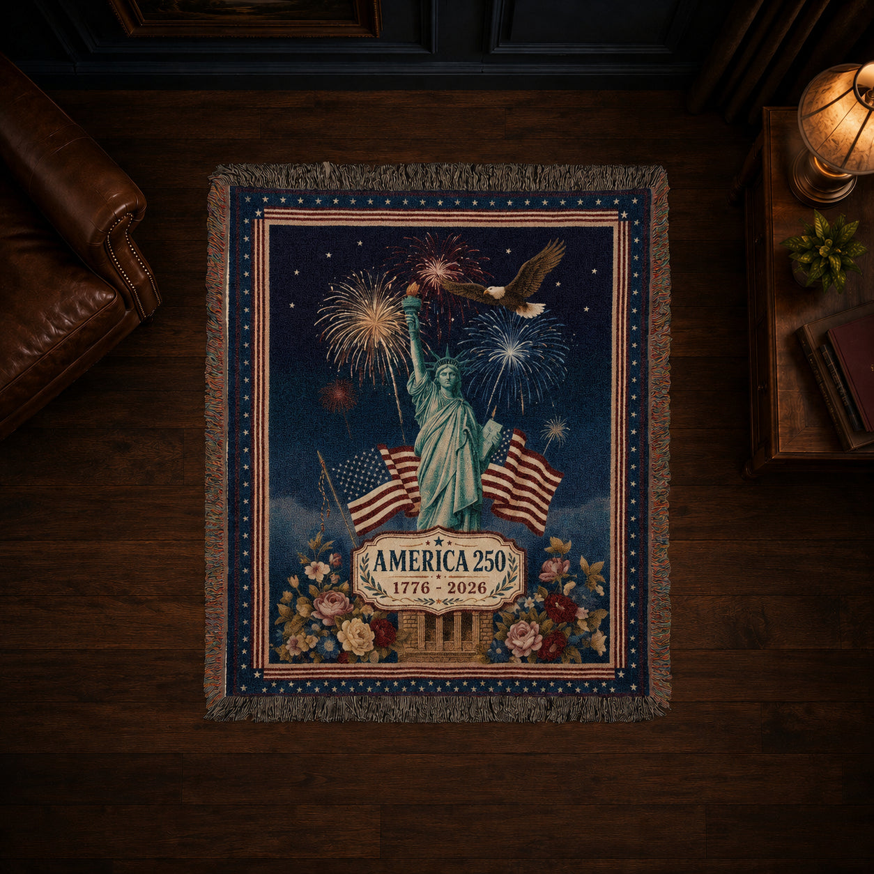 America 250th Anniversary Woven Blanket – Patriotic Statue of Liberty Throw