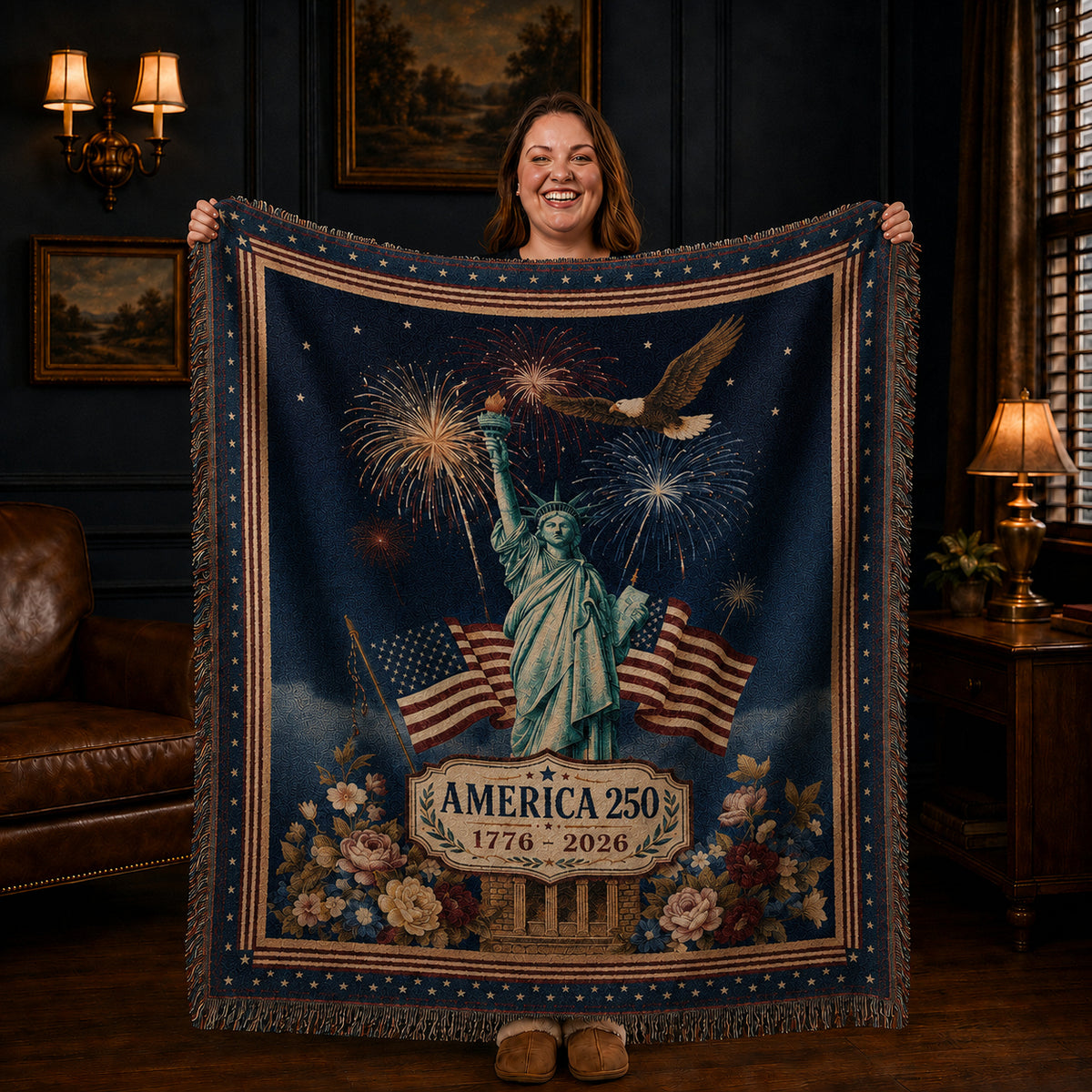 America 250th Anniversary Woven Blanket – Patriotic Statue of Liberty Throw