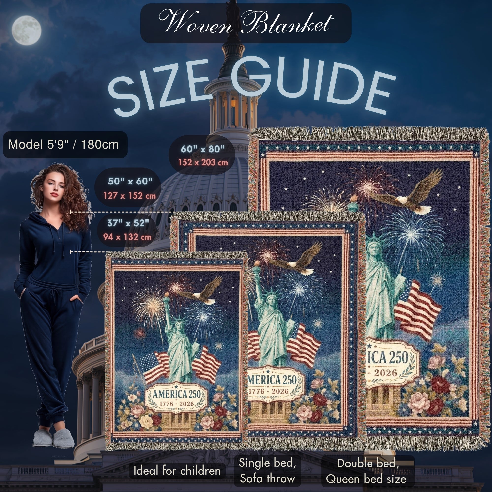 America 250th Anniversary Woven Blanket – Patriotic Statue of Liberty Throw