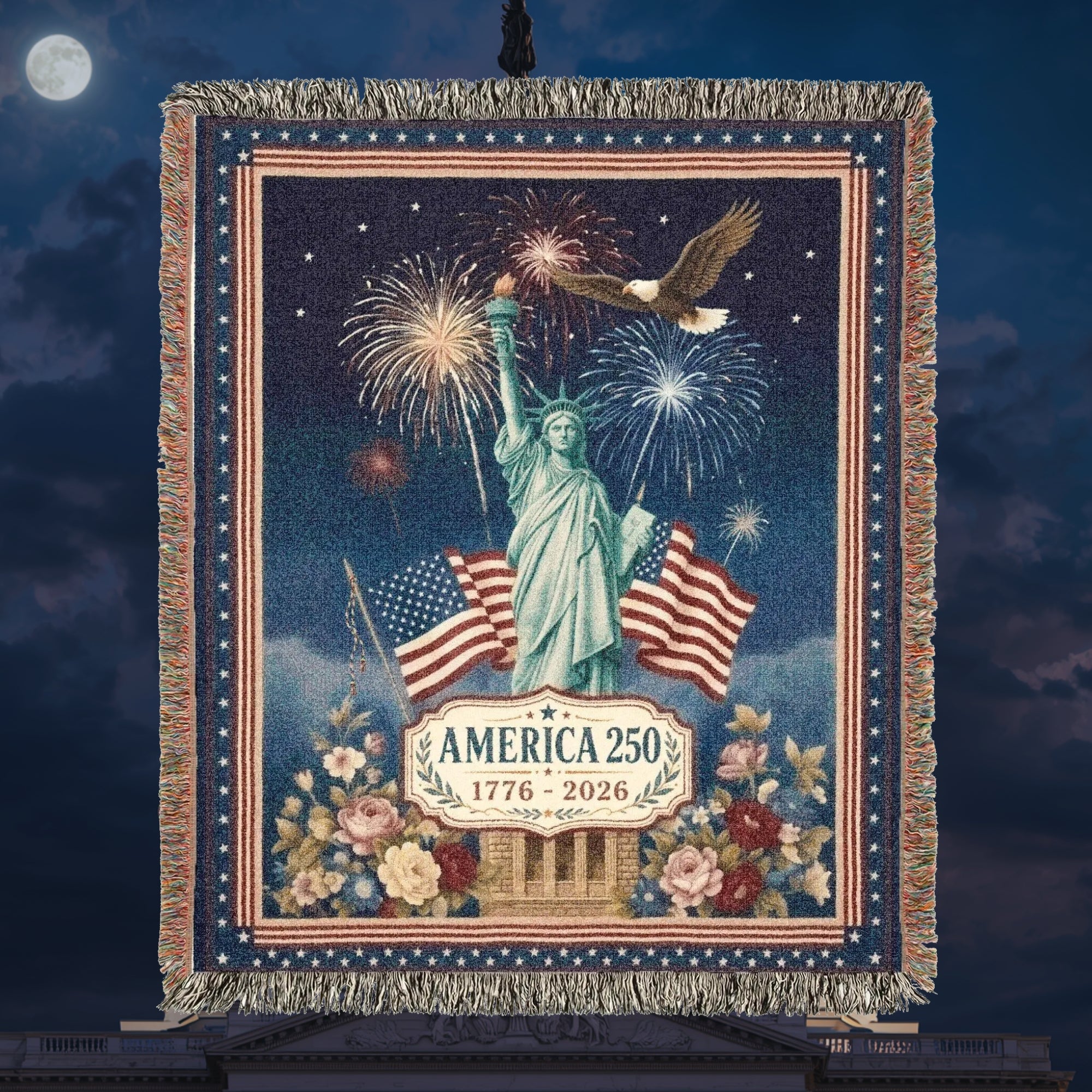 America 250th Anniversary Woven Blanket – Patriotic Statue of Liberty Throw