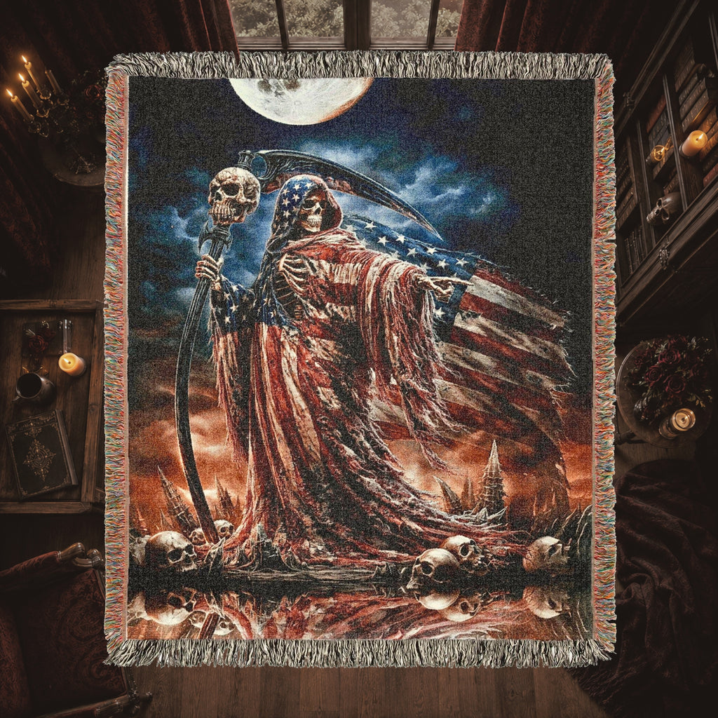 Gothic Patriotic Woven Blanket – Dark Americana Reaper Throw