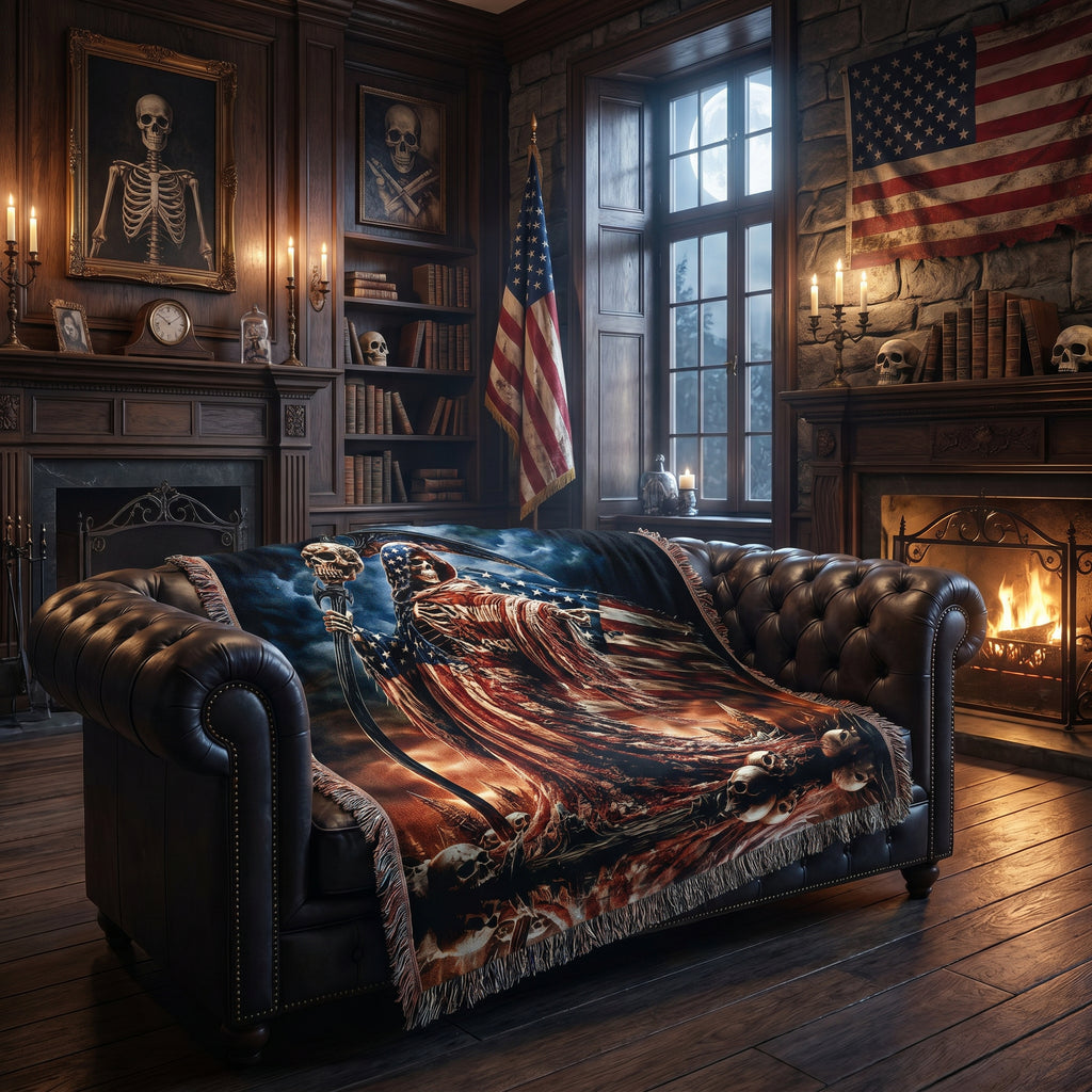 Gothic Patriotic Woven Blanket – Dark Americana Reaper Throw