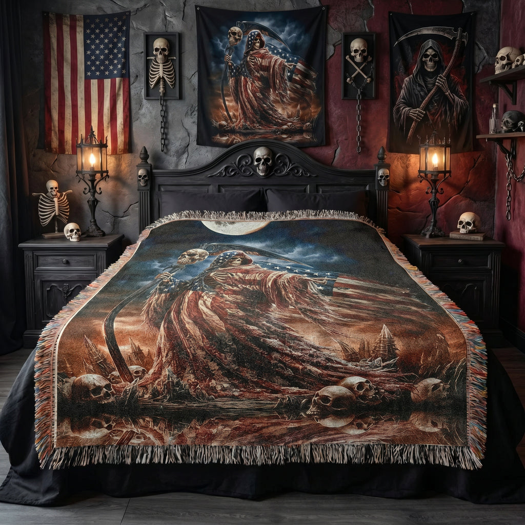 Gothic Patriotic Woven Blanket – Dark Americana Reaper Throw