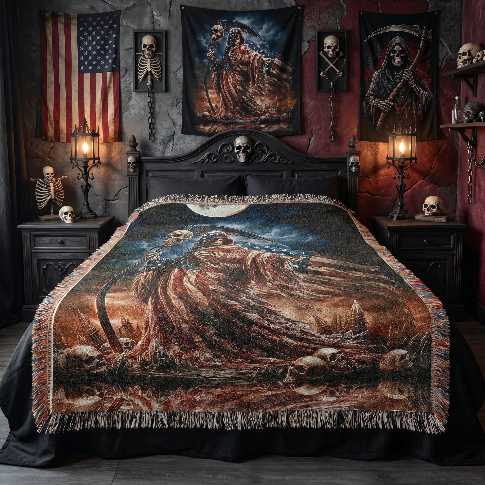 Gothic Patriotic Woven Blanket – Dark Americana Reaper Throw