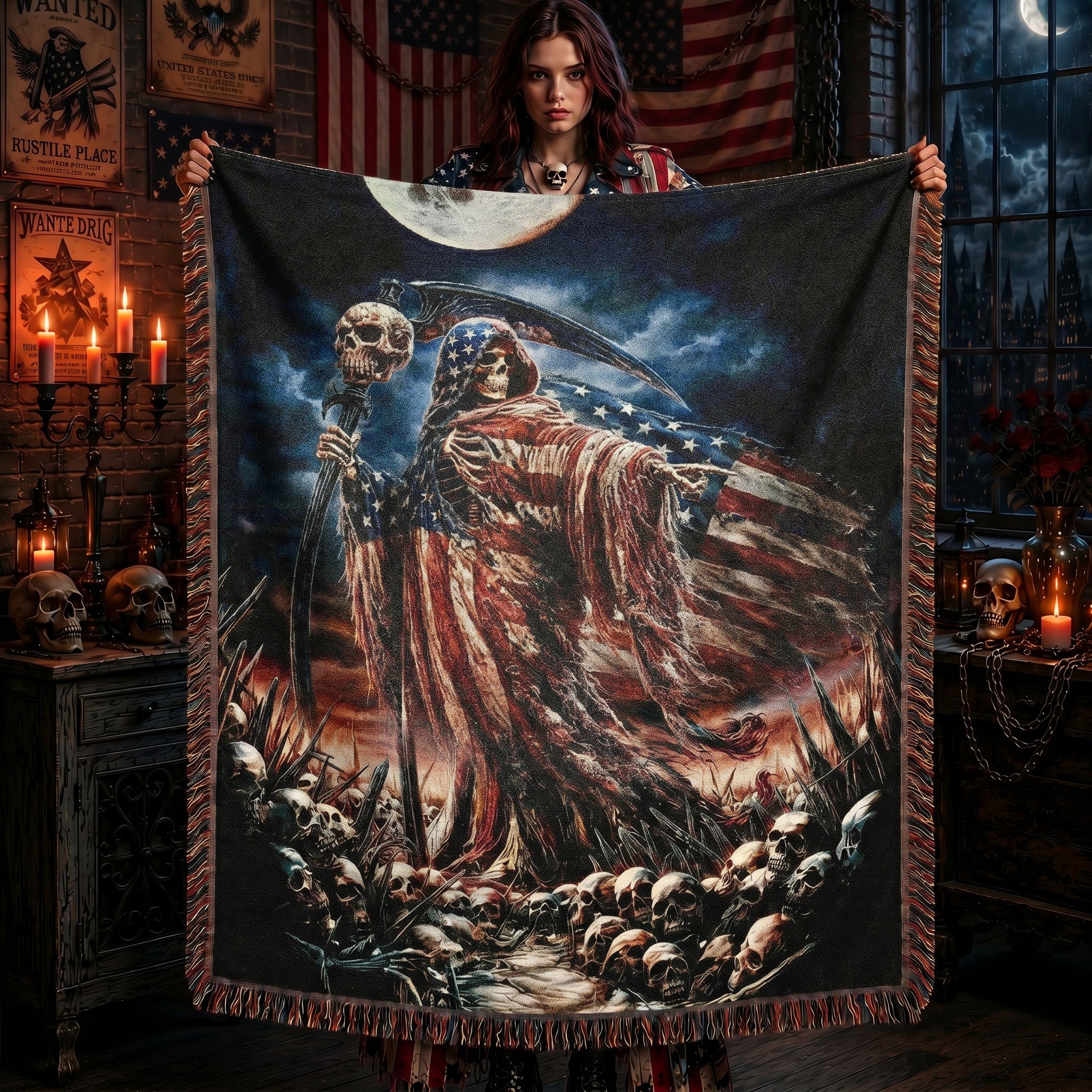 Gothic Patriotic Woven Blanket – Dark Americana Reaper Throw