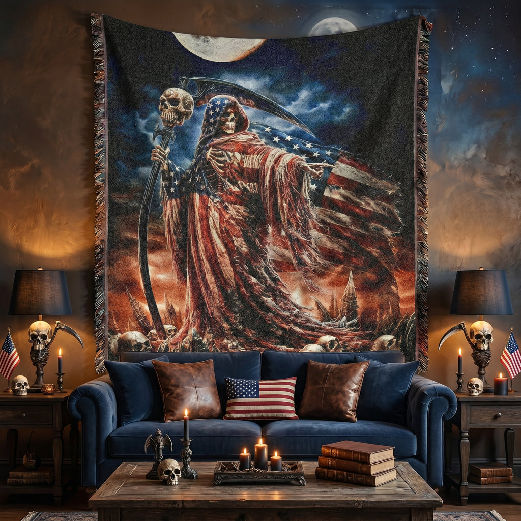 Gothic Patriotic Woven Blanket – Dark Americana Reaper Throw