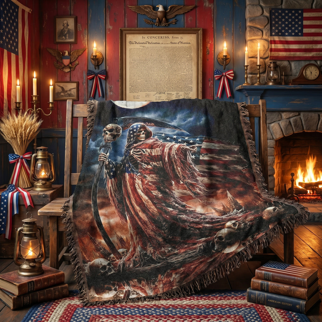 Gothic Patriotic Woven Blanket – Dark Americana Reaper Throw