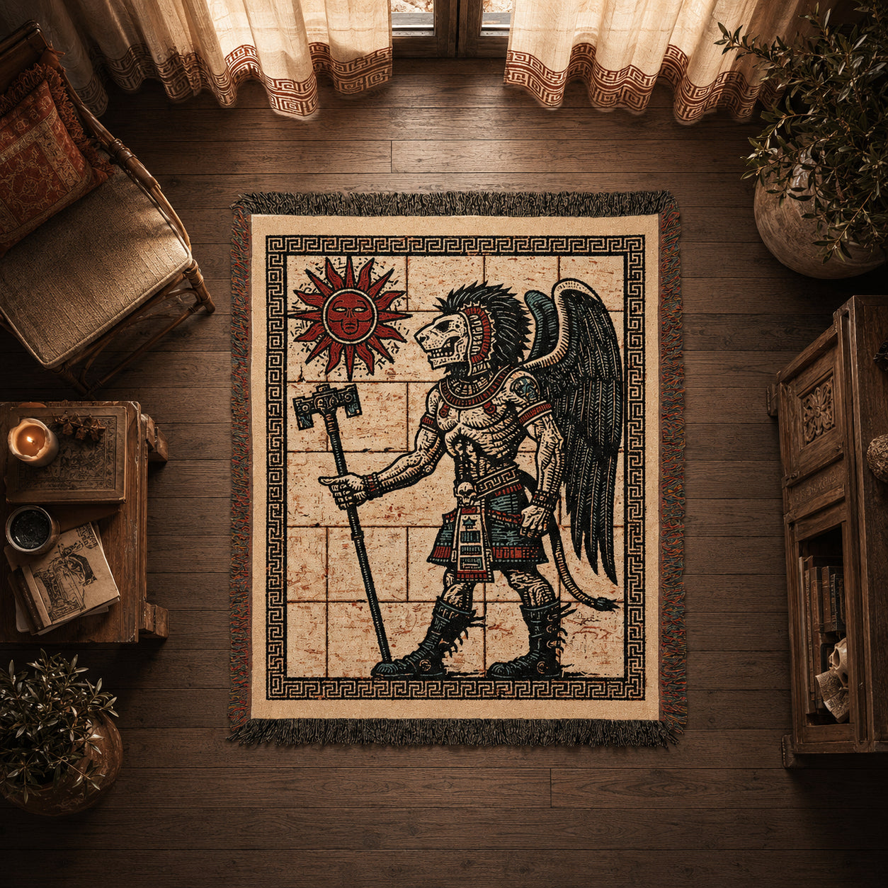 Aztec-Inspired Skeleton Warrior Woven Blanket – Ancient Sun Throw
