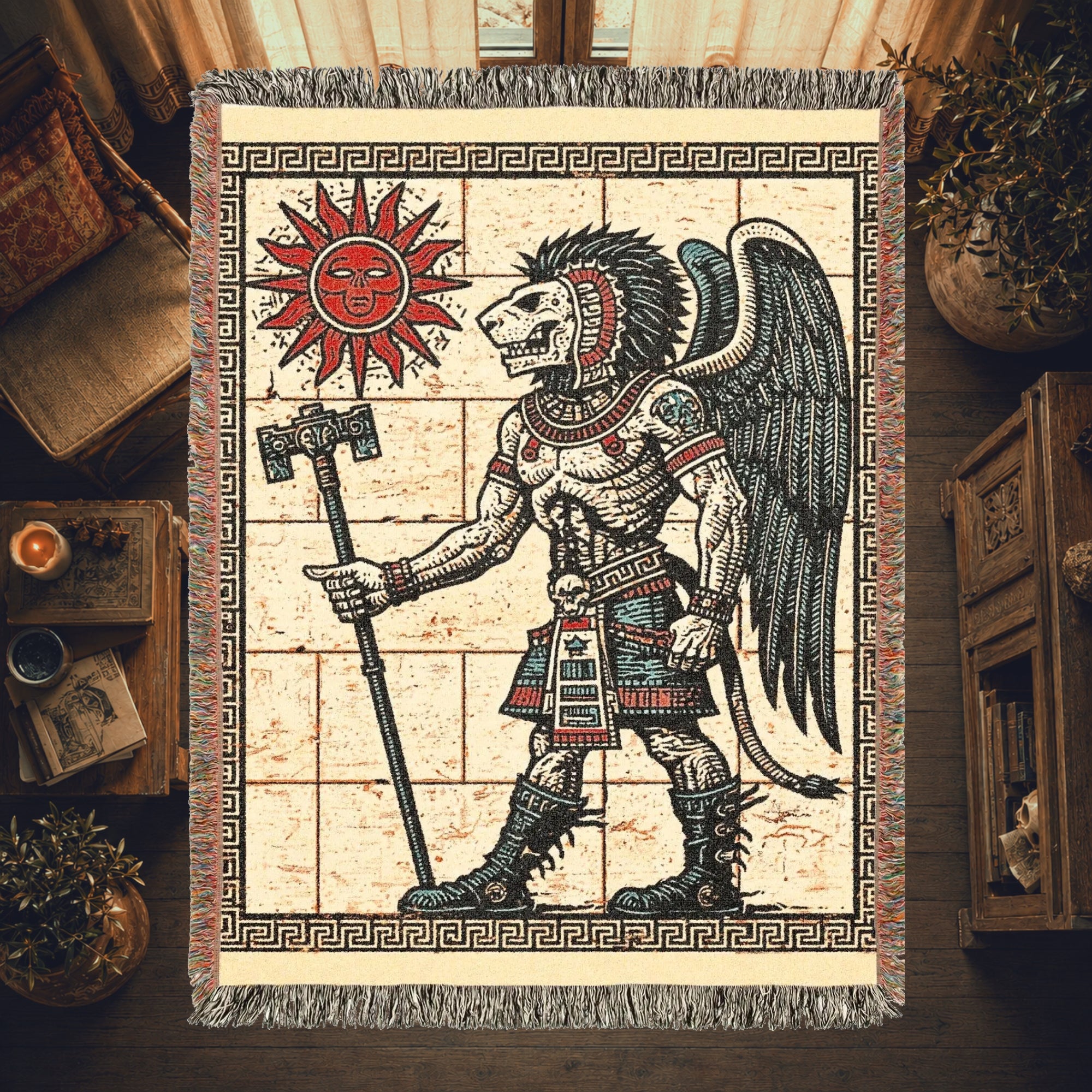 Aztec-Inspired Skeleton Warrior Woven Blanket – Ancient Sun Throw