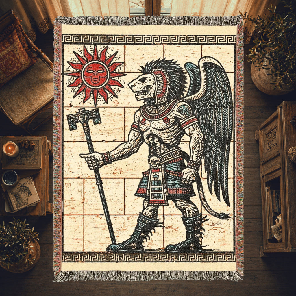 Aztec-Inspired Skeleton Warrior Woven Blanket – Ancient Sun Throw