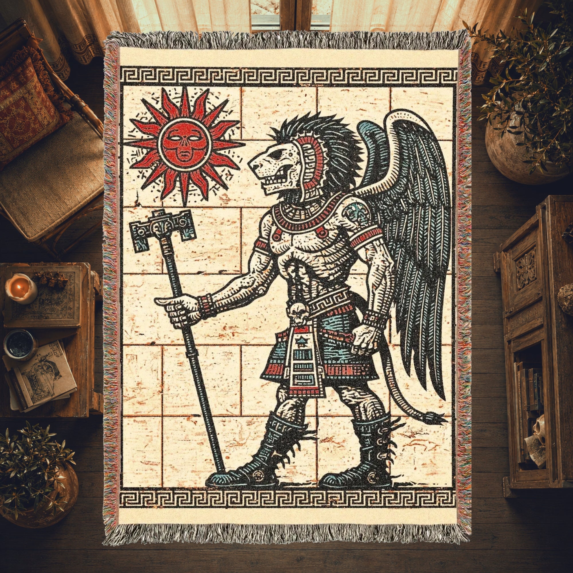 Aztec-Inspired Skeleton Warrior Woven Blanket – Ancient Sun Throw