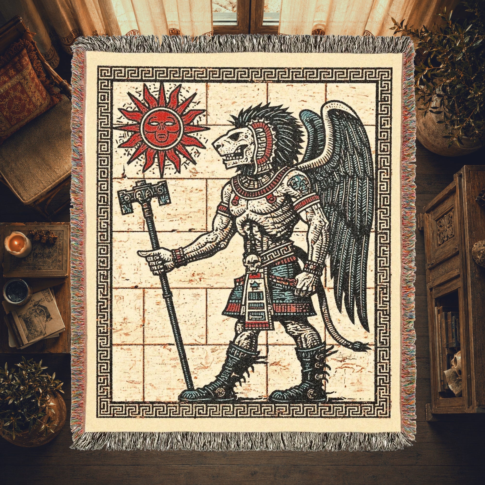 Aztec-Inspired Skeleton Warrior Woven Blanket – Ancient Sun Throw