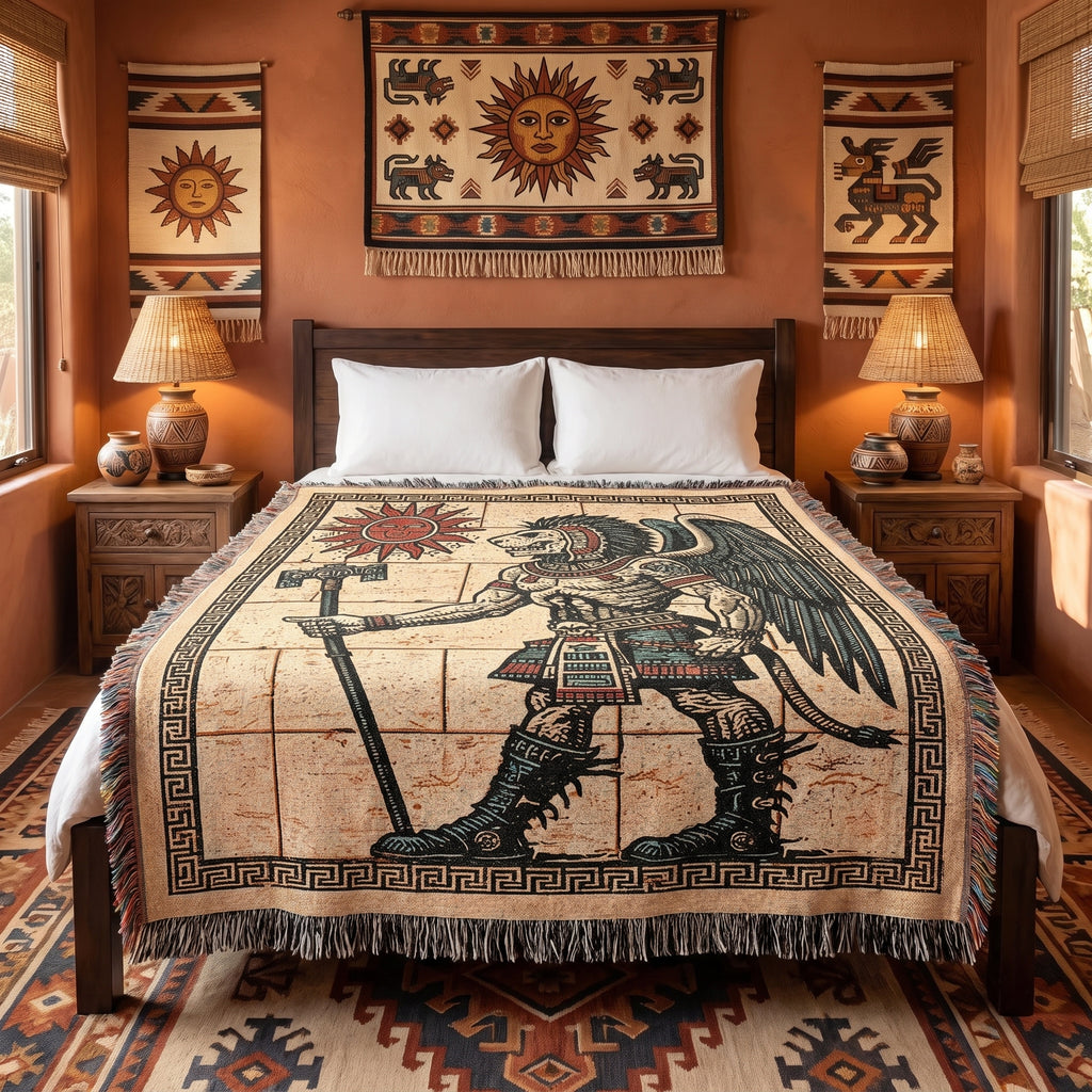 Aztec-Inspired Skeleton Warrior Woven Blanket – Ancient Sun Throw