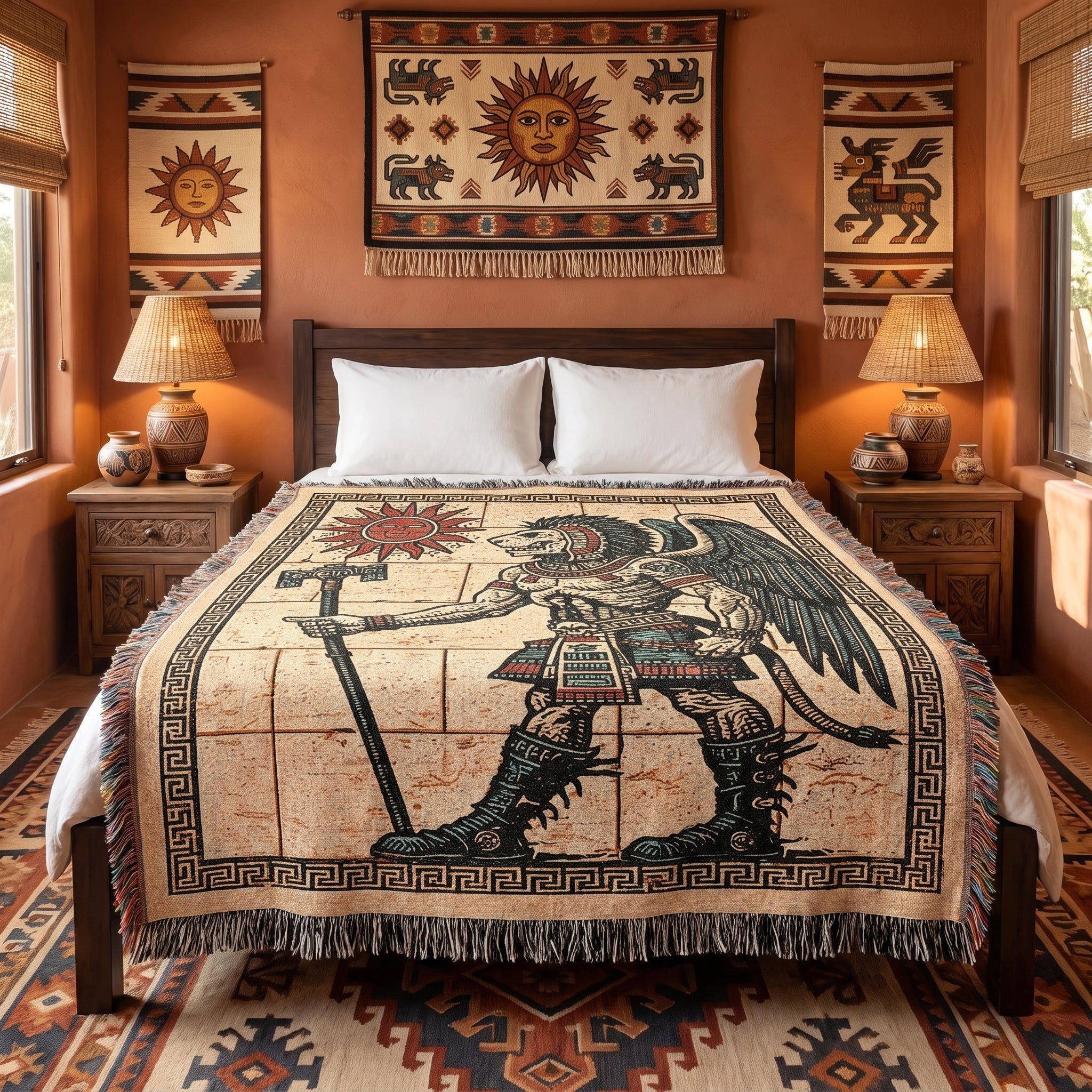 Aztec-Inspired Skeleton Warrior Woven Blanket – Ancient Sun Throw
