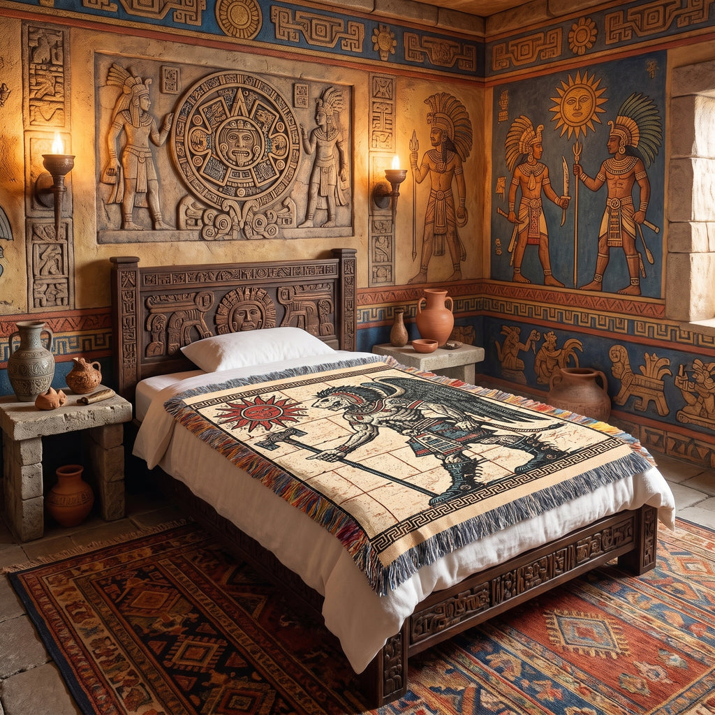 Aztec-Inspired Skeleton Warrior Woven Blanket – Ancient Sun Throw