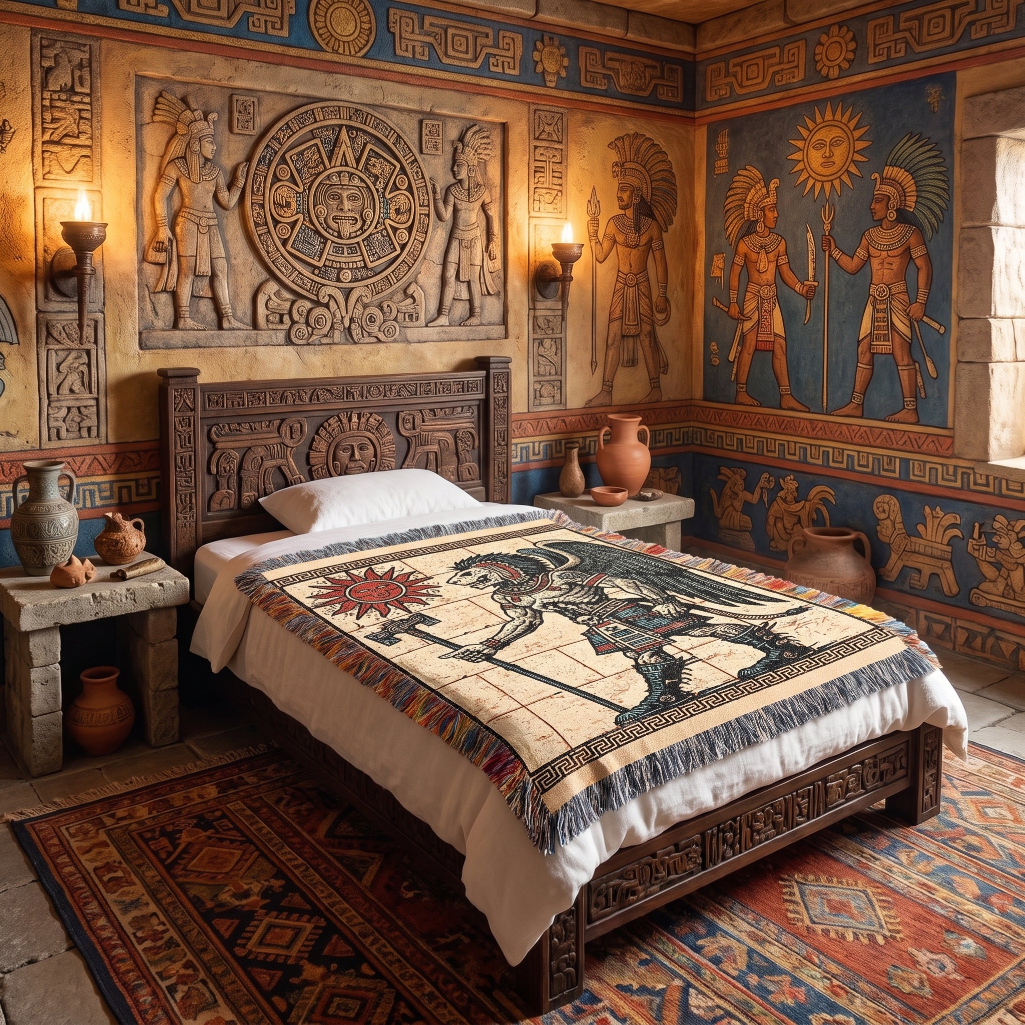 Aztec-Inspired Skeleton Warrior Woven Blanket – Ancient Sun Throw