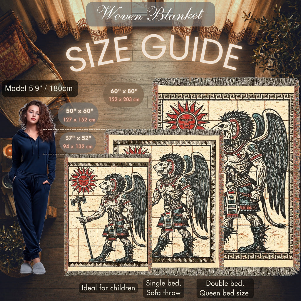 Aztec-Inspired Skeleton Warrior Woven Blanket – Ancient Sun Throw
