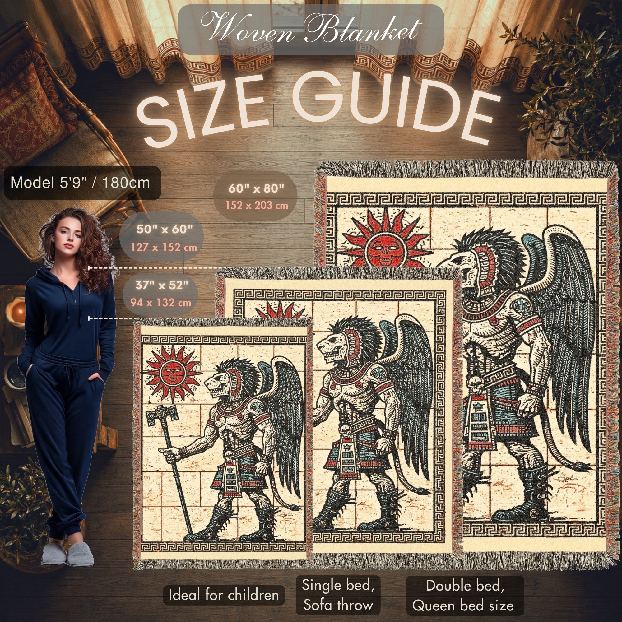 Aztec-Inspired Skeleton Warrior Woven Blanket – Ancient Sun Throw