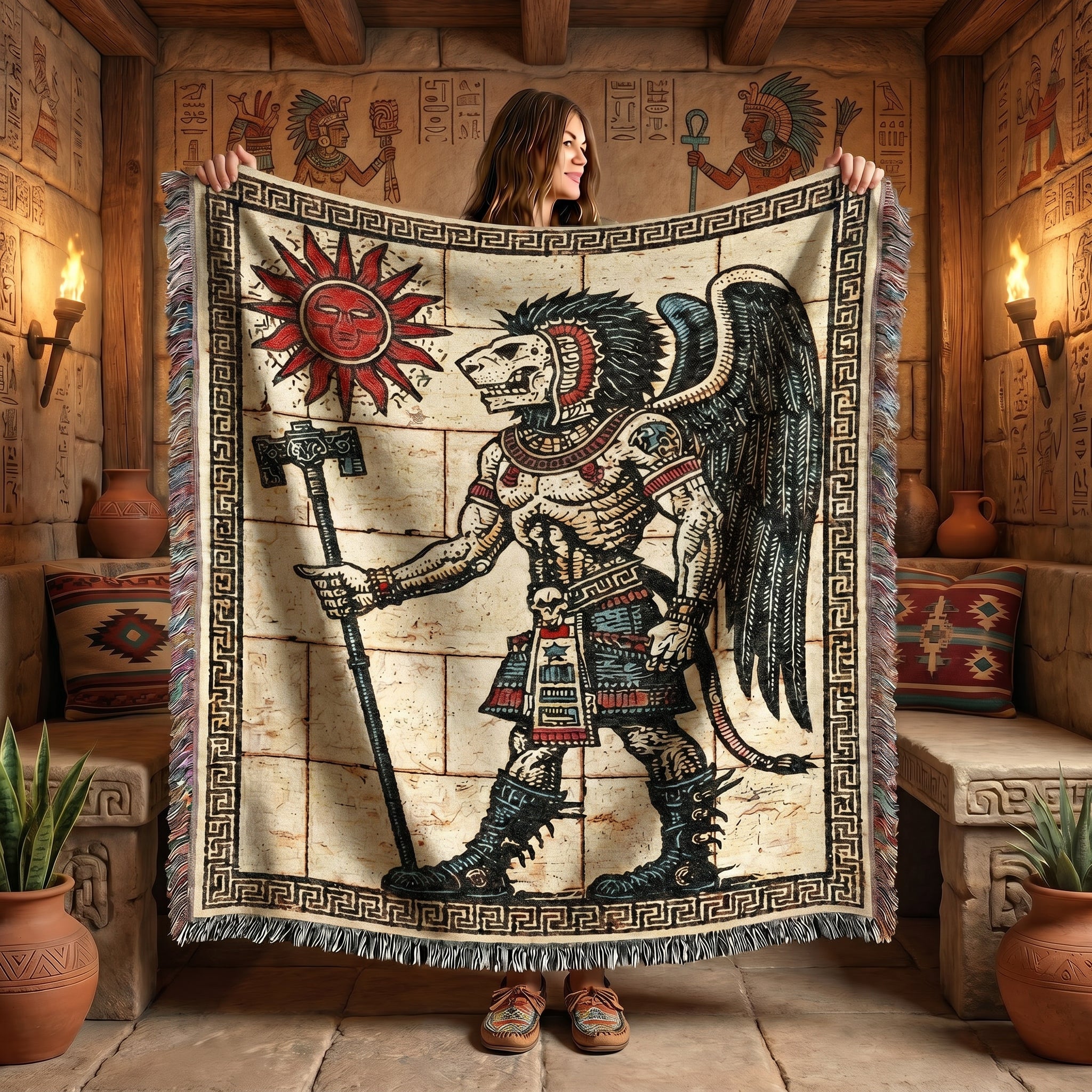 Aztec-Inspired Skeleton Warrior Woven Blanket – Ancient Sun Throw