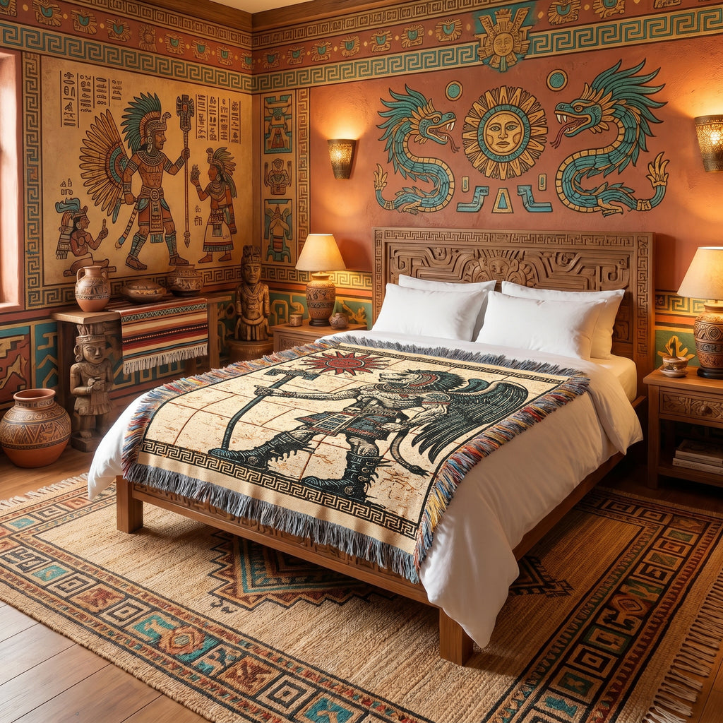Aztec-Inspired Skeleton Warrior Woven Blanket – Ancient Sun Throw