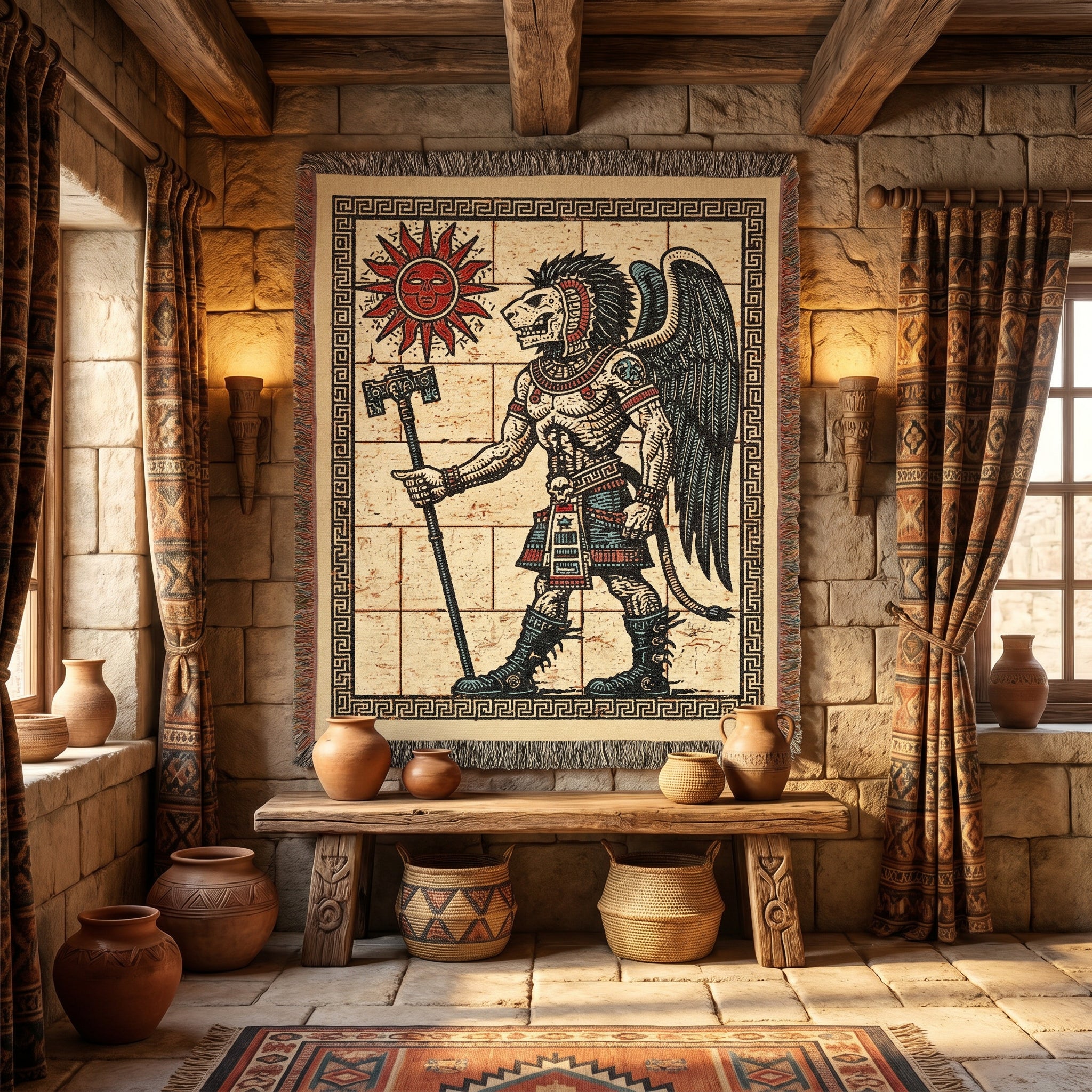 Aztec-Inspired Skeleton Warrior Woven Blanket – Ancient Sun Throw