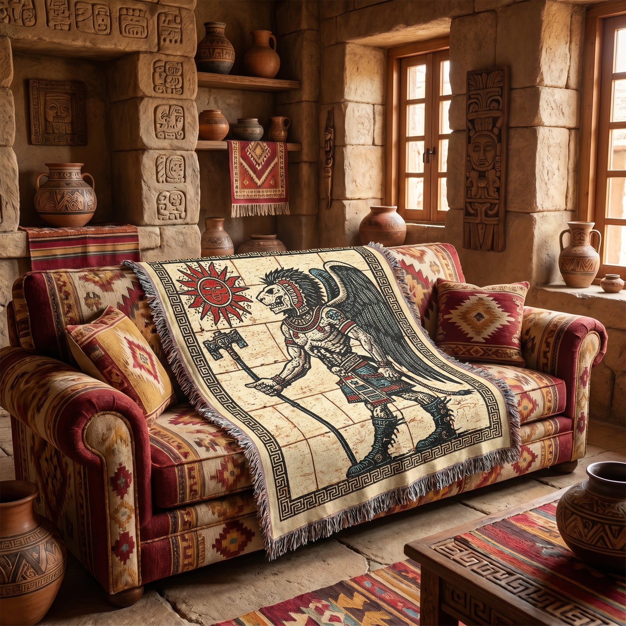 Aztec-Inspired Skeleton Warrior Woven Blanket – Ancient Sun Throw
