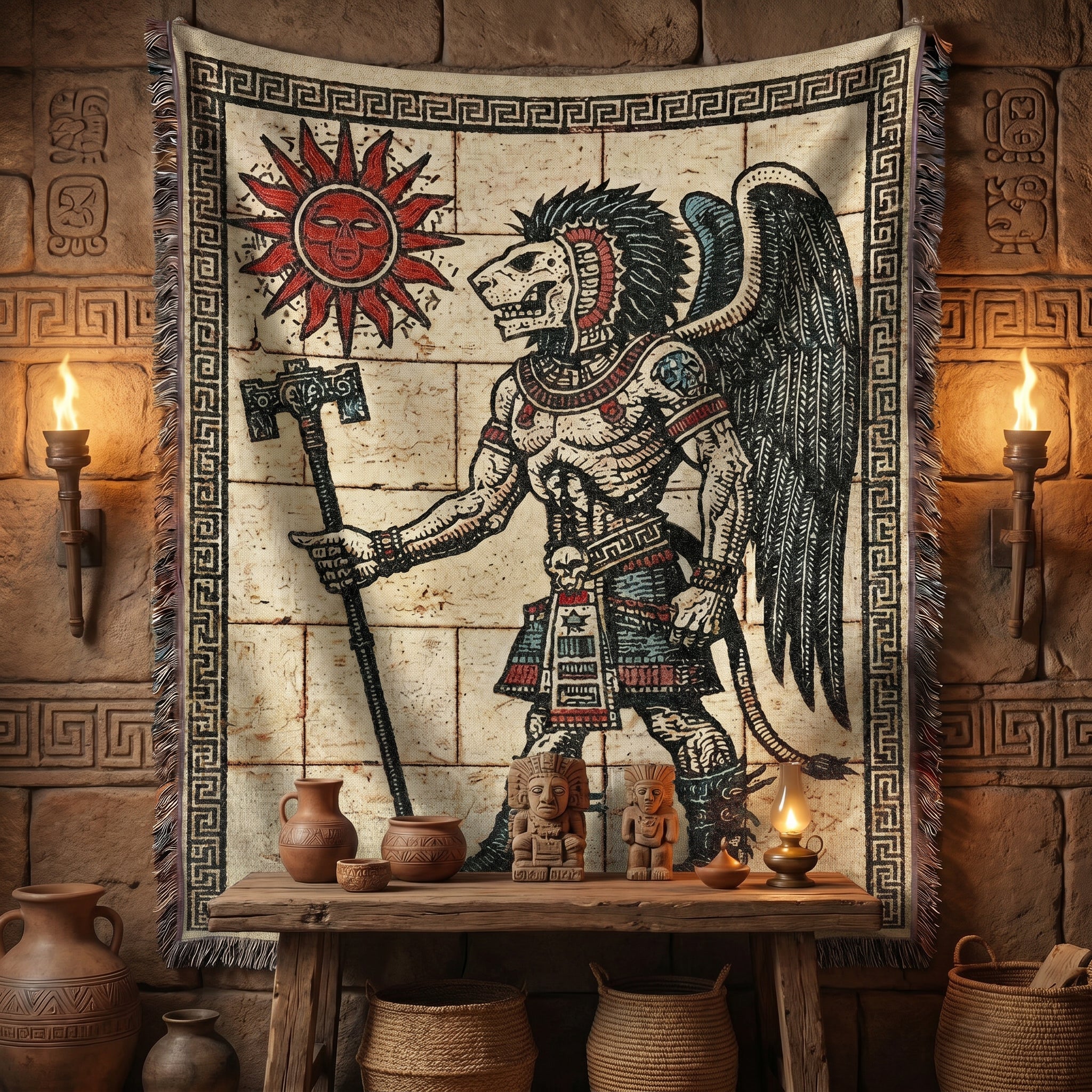 Aztec-Inspired Skeleton Warrior Woven Blanket – Ancient Sun Throw