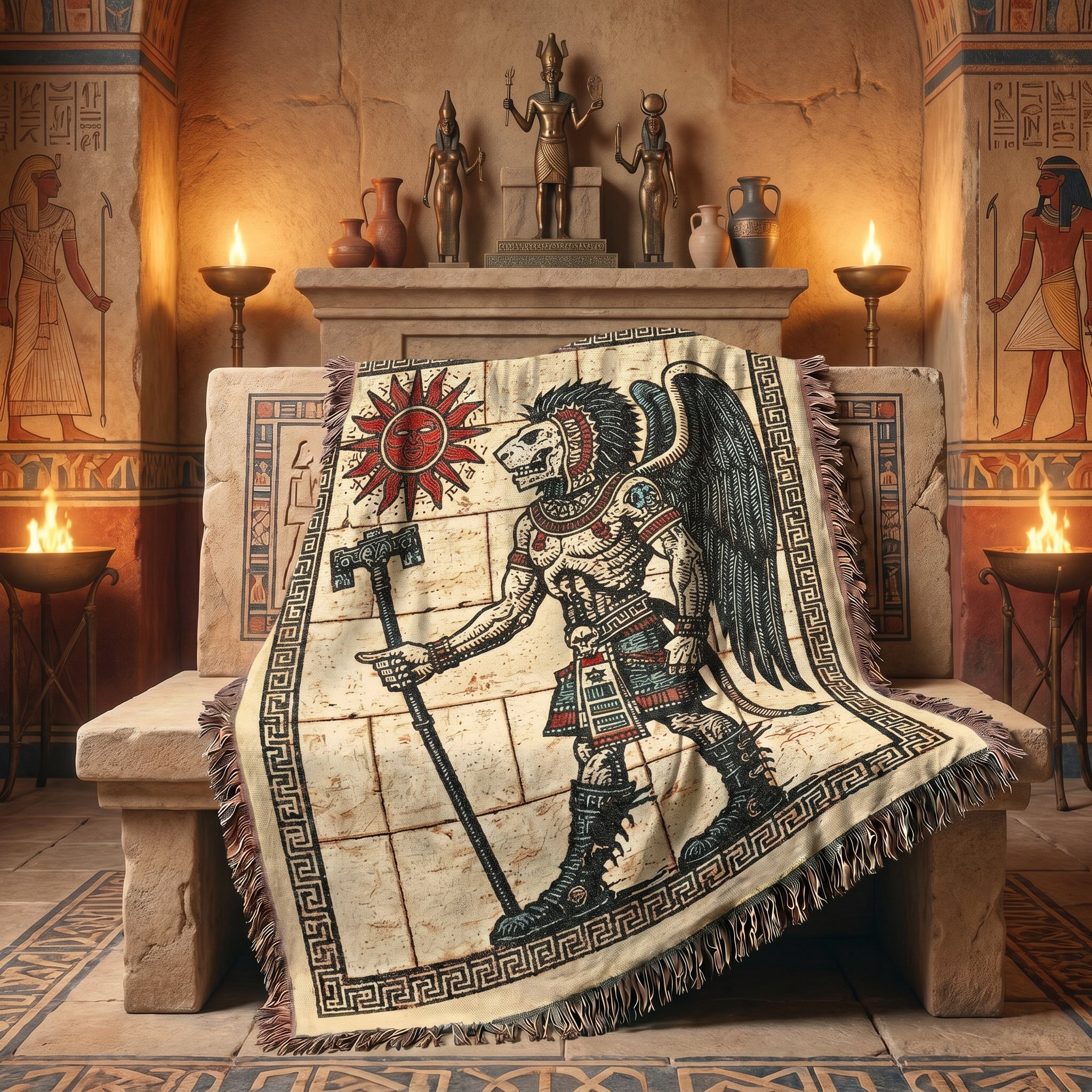 Aztec-Inspired Skeleton Warrior Woven Blanket – Ancient Sun Throw