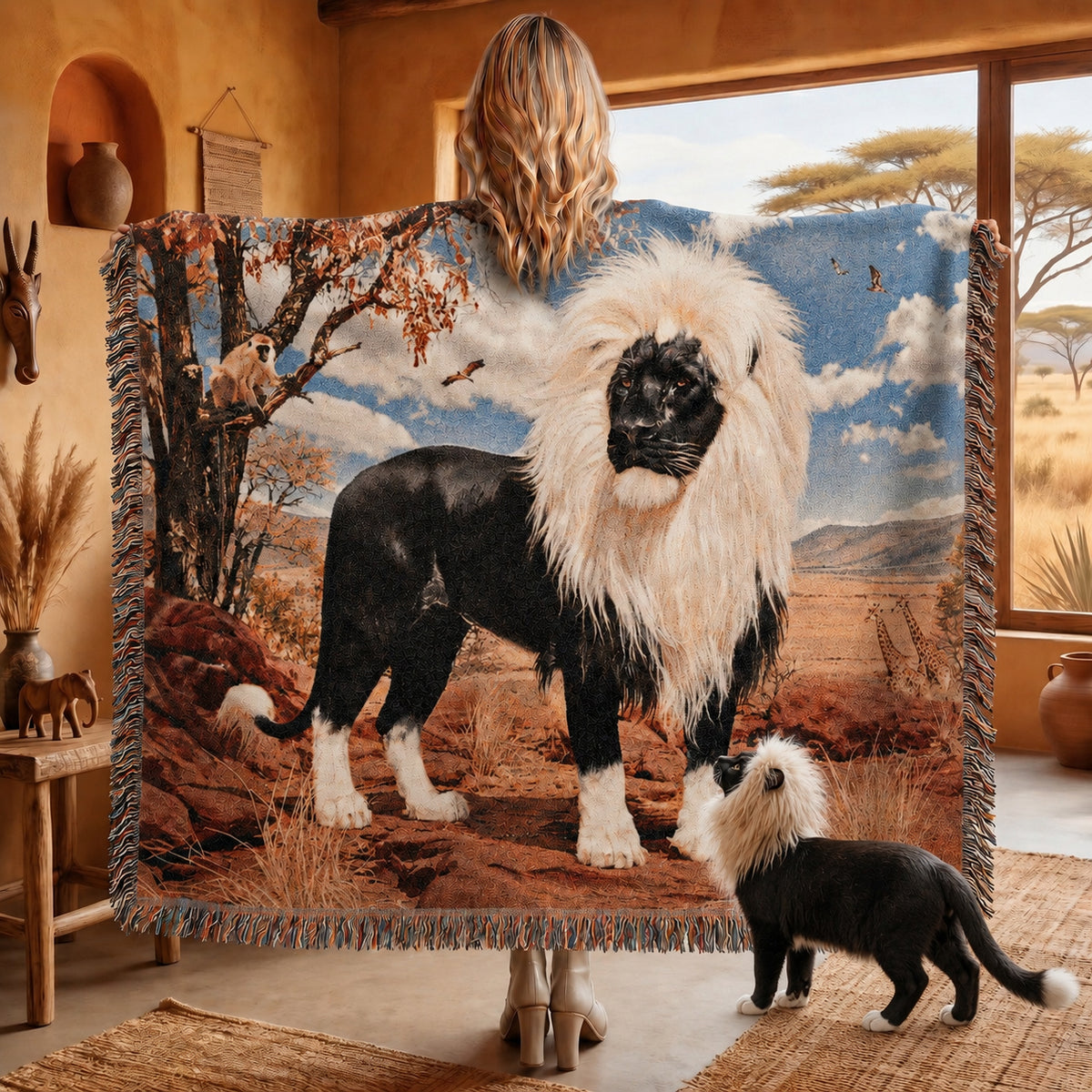Black Lion Woven Blanket – Gift for Him, Dark Wildlife Throw