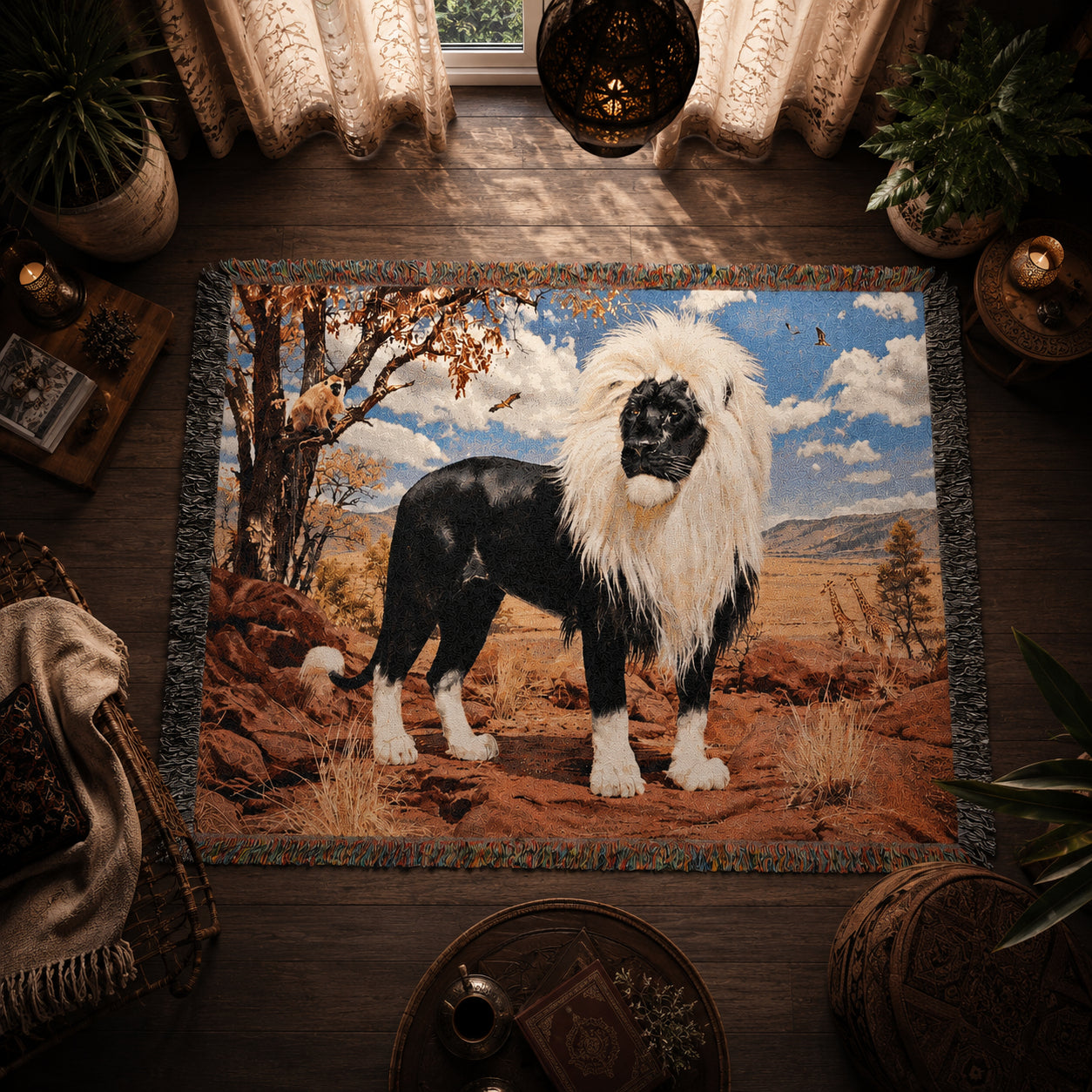 Black Lion Woven Blanket – Gift for Him, Dark Wildlife Throw