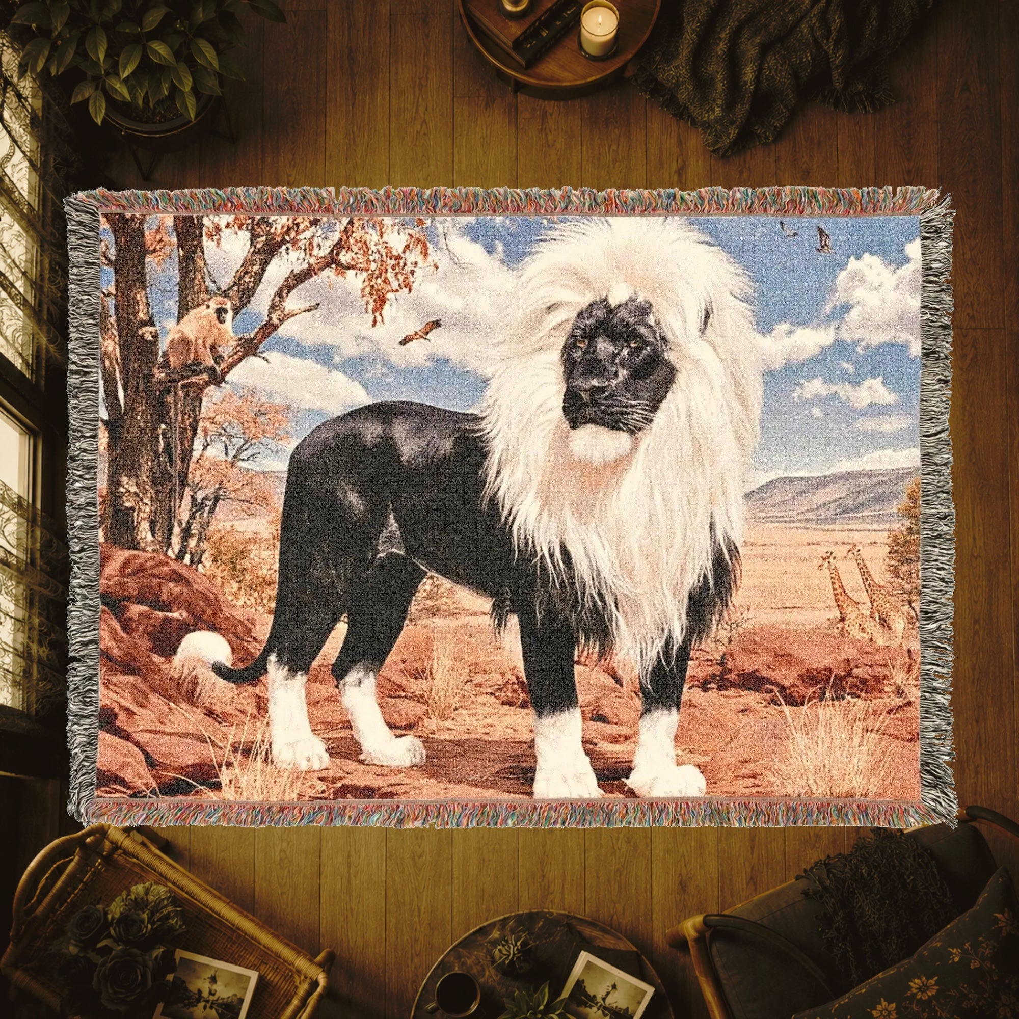 Black Lion Woven Blanket – Gift for Him, Dark Wildlife Throw