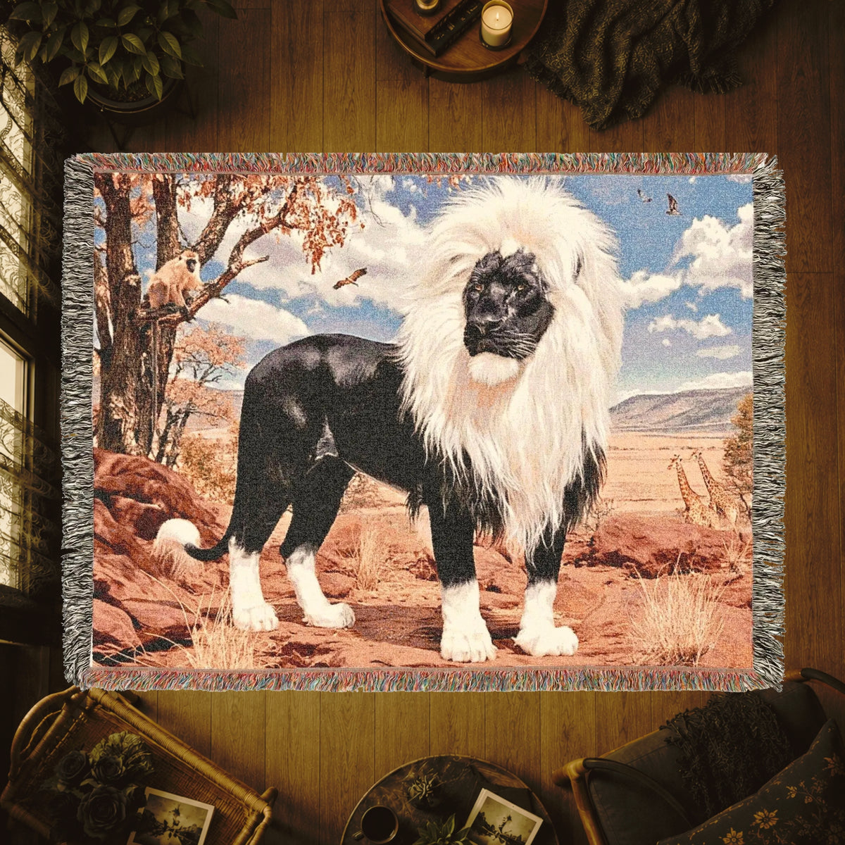 Black Lion Woven Blanket – Gift for Him, Dark Wildlife Throw