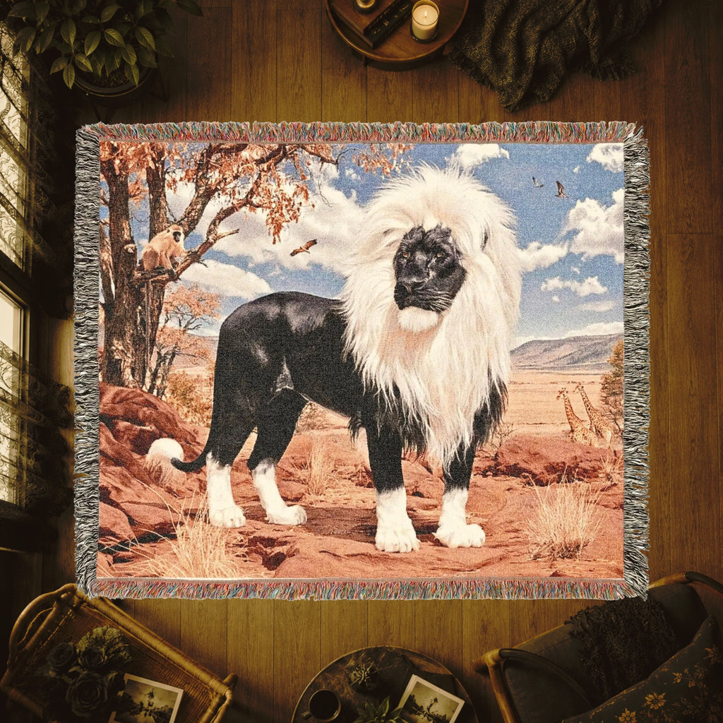 Black Lion Woven Blanket – Gift for Him, Dark Wildlife Throw