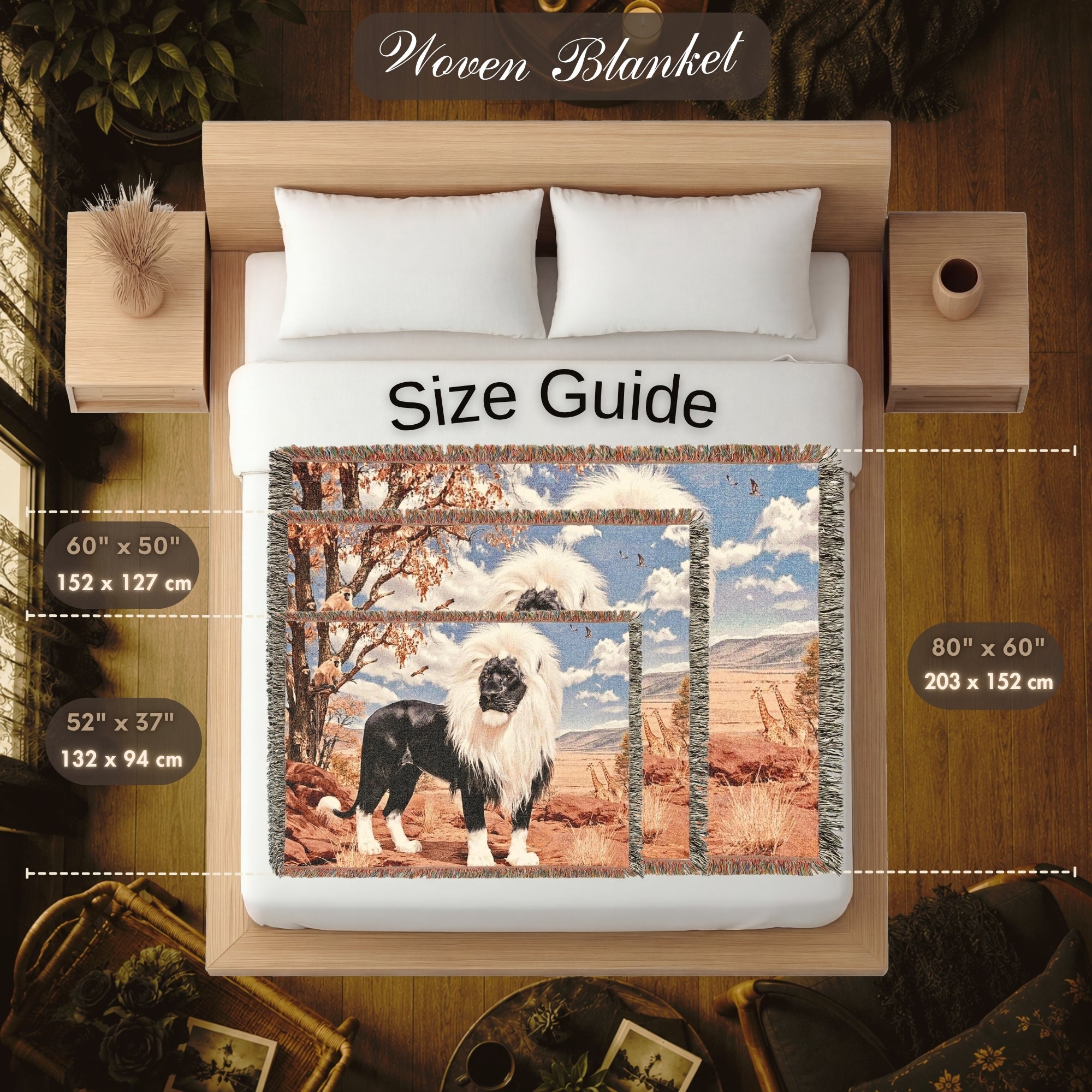 Black Lion Woven Blanket – Gift for Him, Dark Wildlife Throw