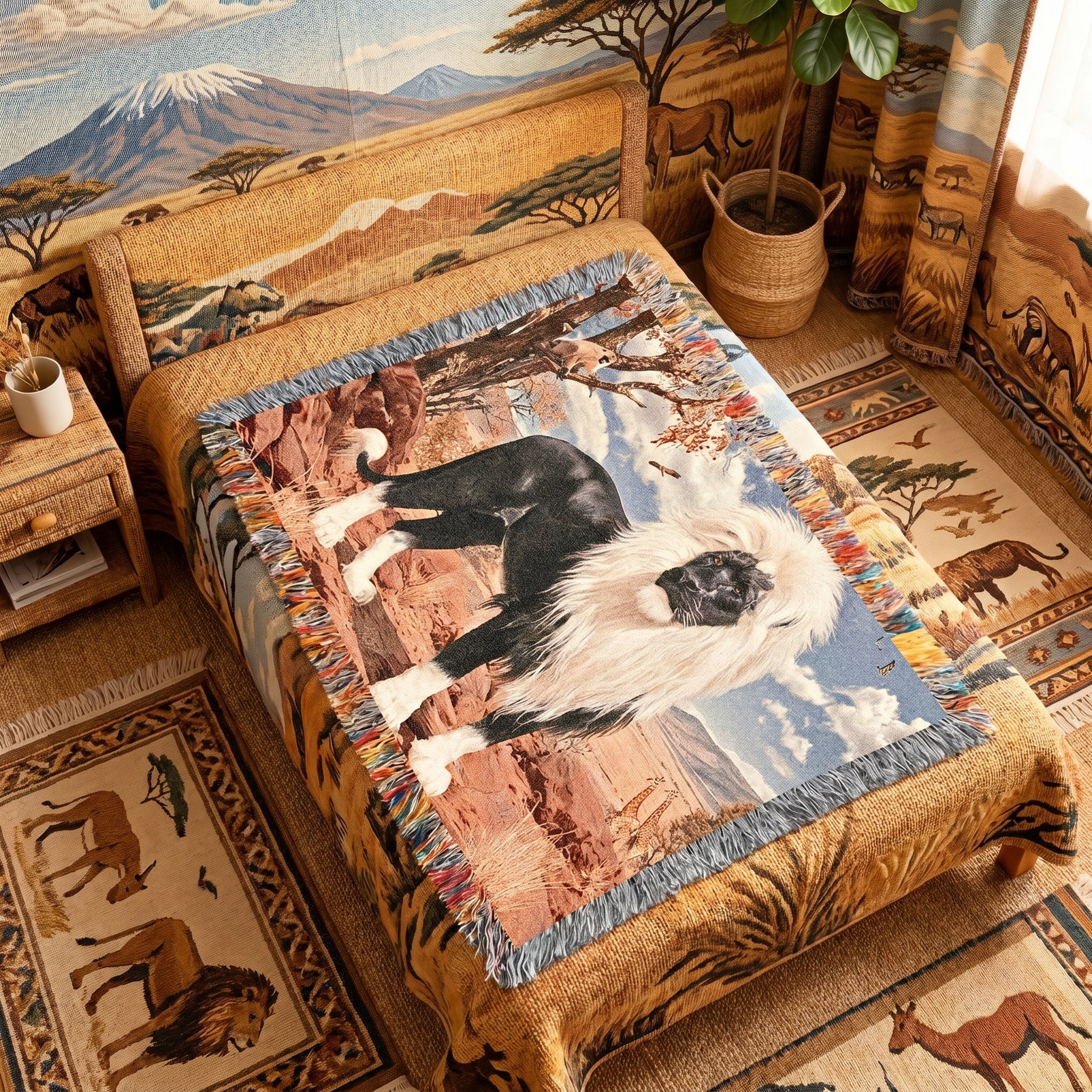 Black Lion Woven Blanket – Gift for Him, Dark Wildlife Throw