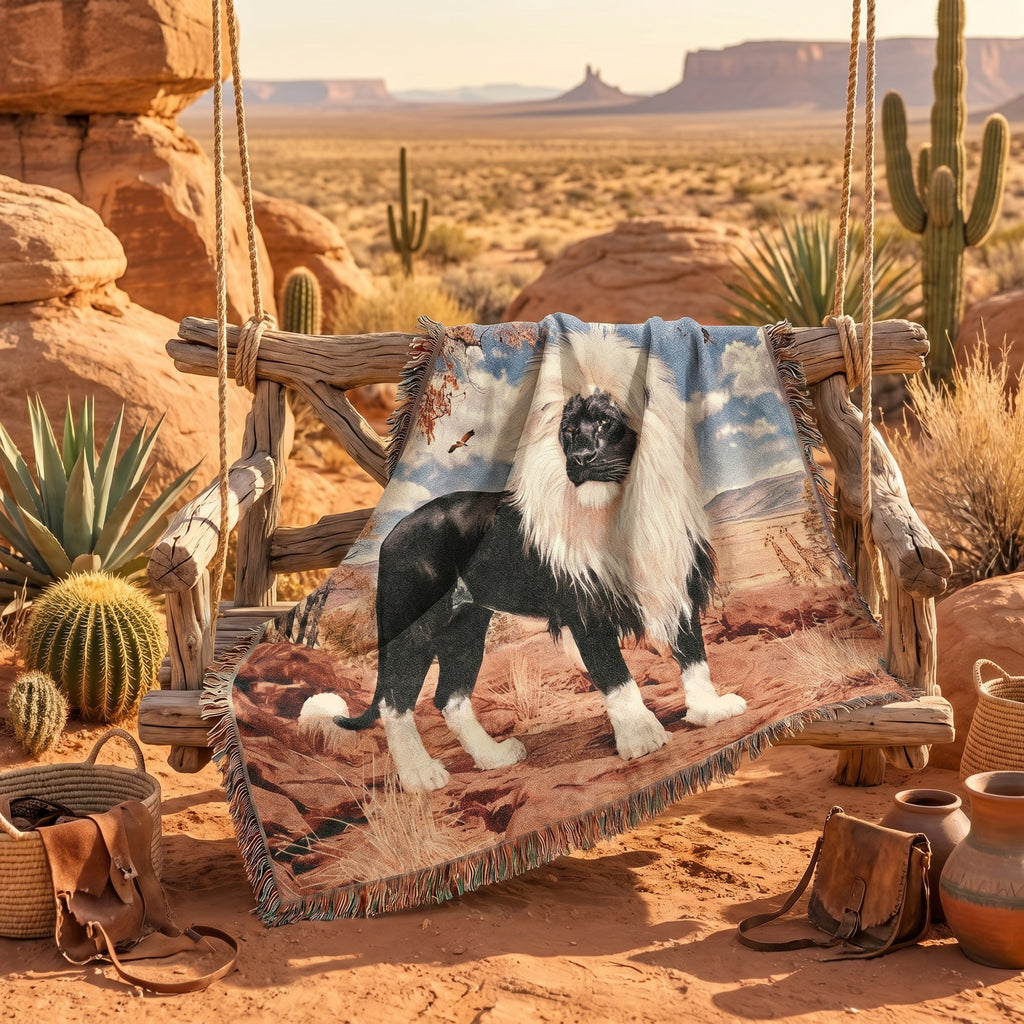Black Lion Woven Blanket – Gift for Him, Dark Wildlife Throw