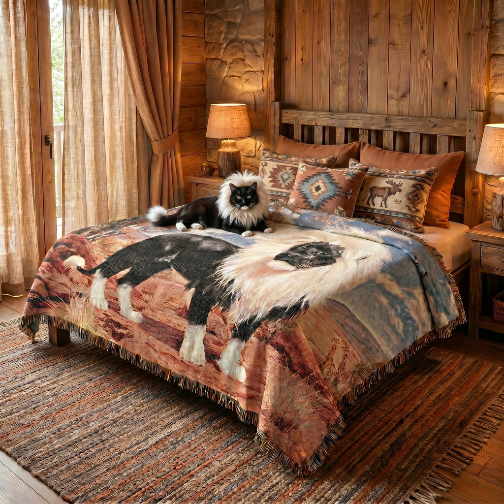 Black Lion Woven Blanket – Gift for Him, Dark Wildlife Throw