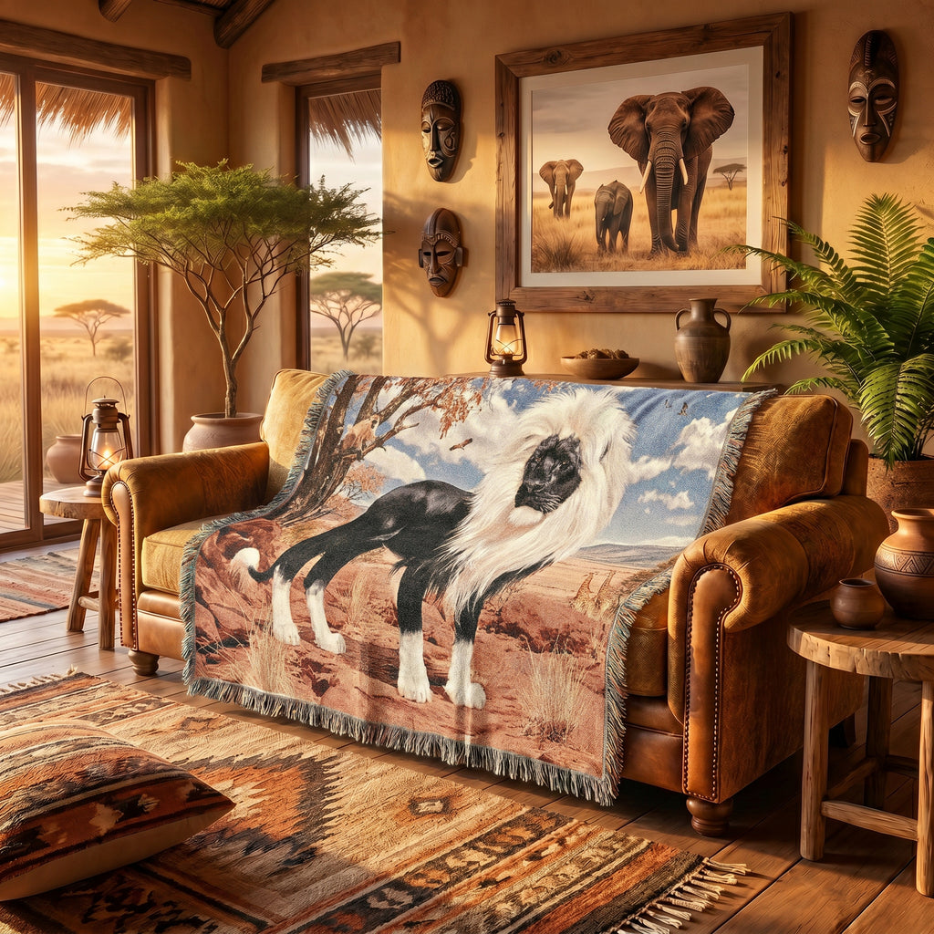 Black Lion Woven Blanket – Gift for Him, Dark Wildlife Throw