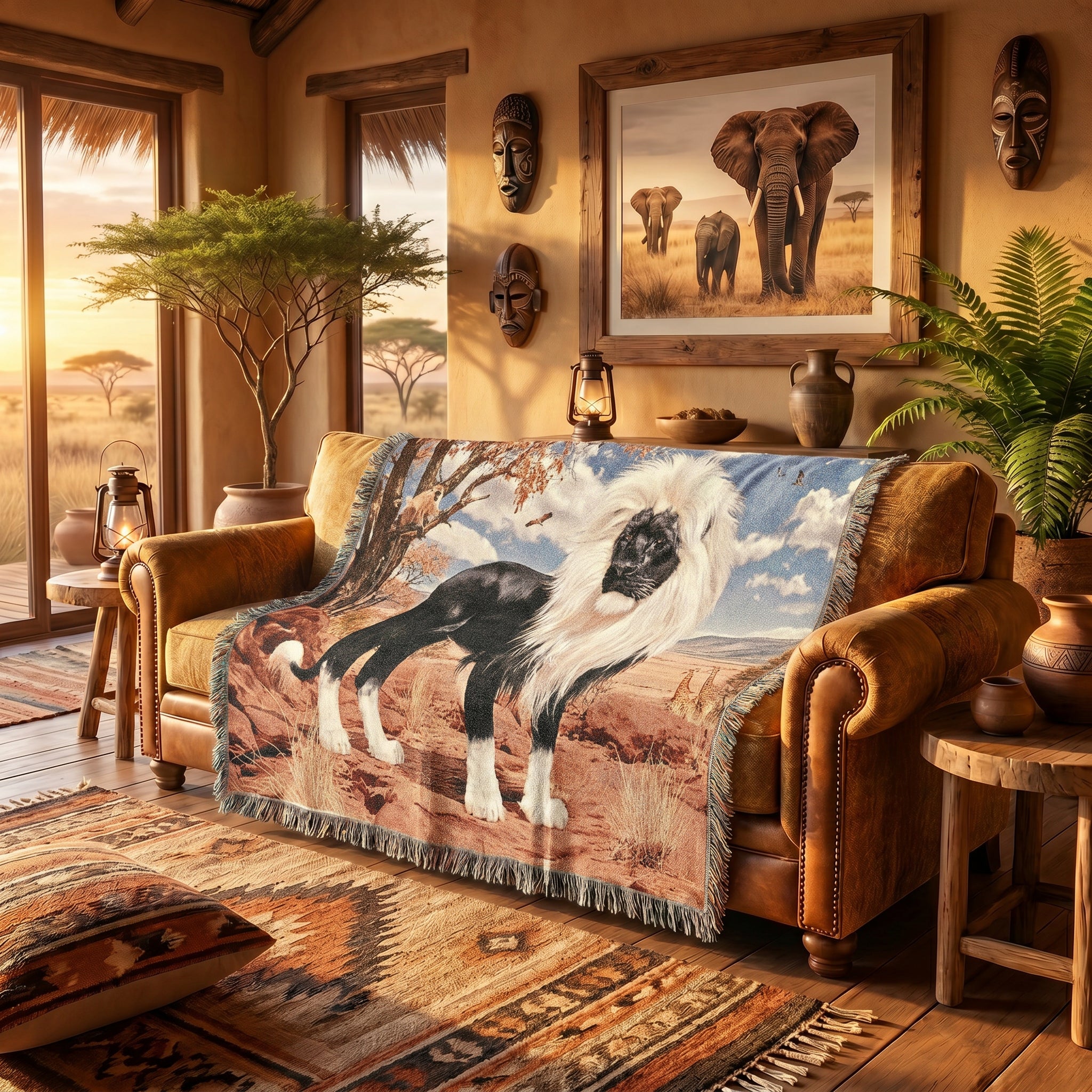 Black Lion Woven Blanket – Gift for Him, Dark Wildlife Throw