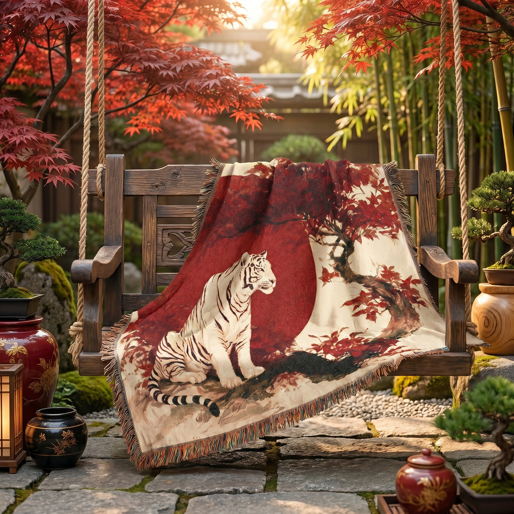 White Tiger Japanese Woven Blanket